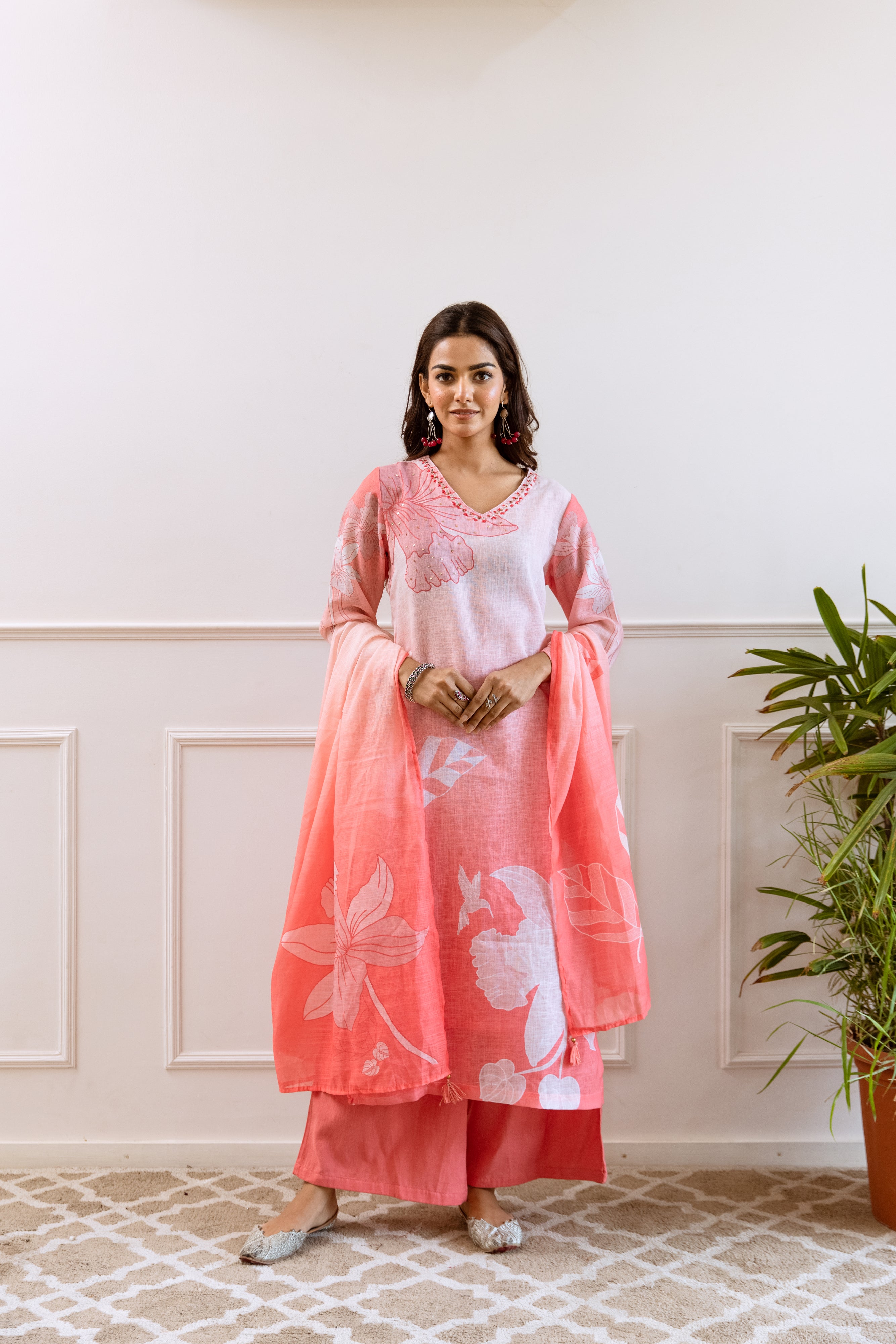 FLORAL PRINTED LINEN STRAIGHT KURTA SET WITH DUPATTA | THREE-PIECE ETHNIC WEAR FOR WOMEN | PLUS SIZE AVAILABLE-Light Pink