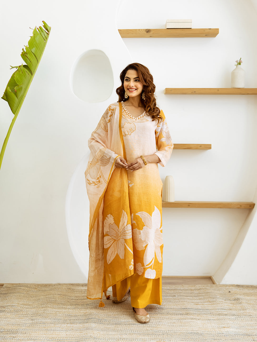 FLORAL PRINTED LINEN STRAIGHT KURTA SET WITH DUPATTA | THREE-PIECE ETHNIC WEAR FOR WOMEN | PLUS SIZE AVAILABLE-Yellow