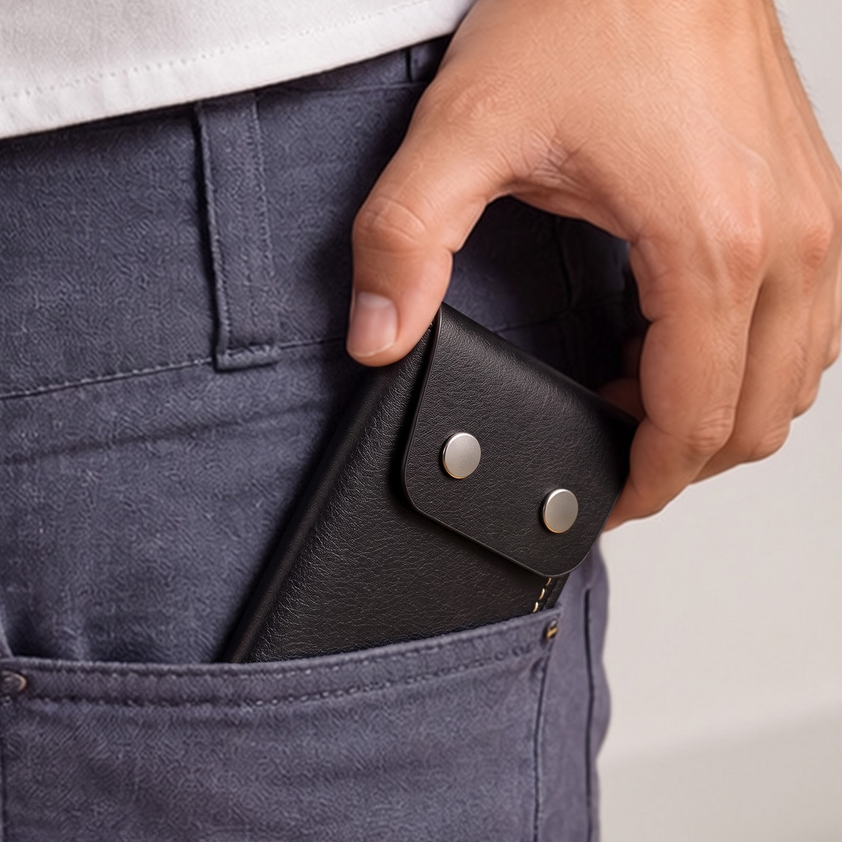 Leather Snap Button Wallet for Men – Compact Card Holder with Cash Pocket- Black