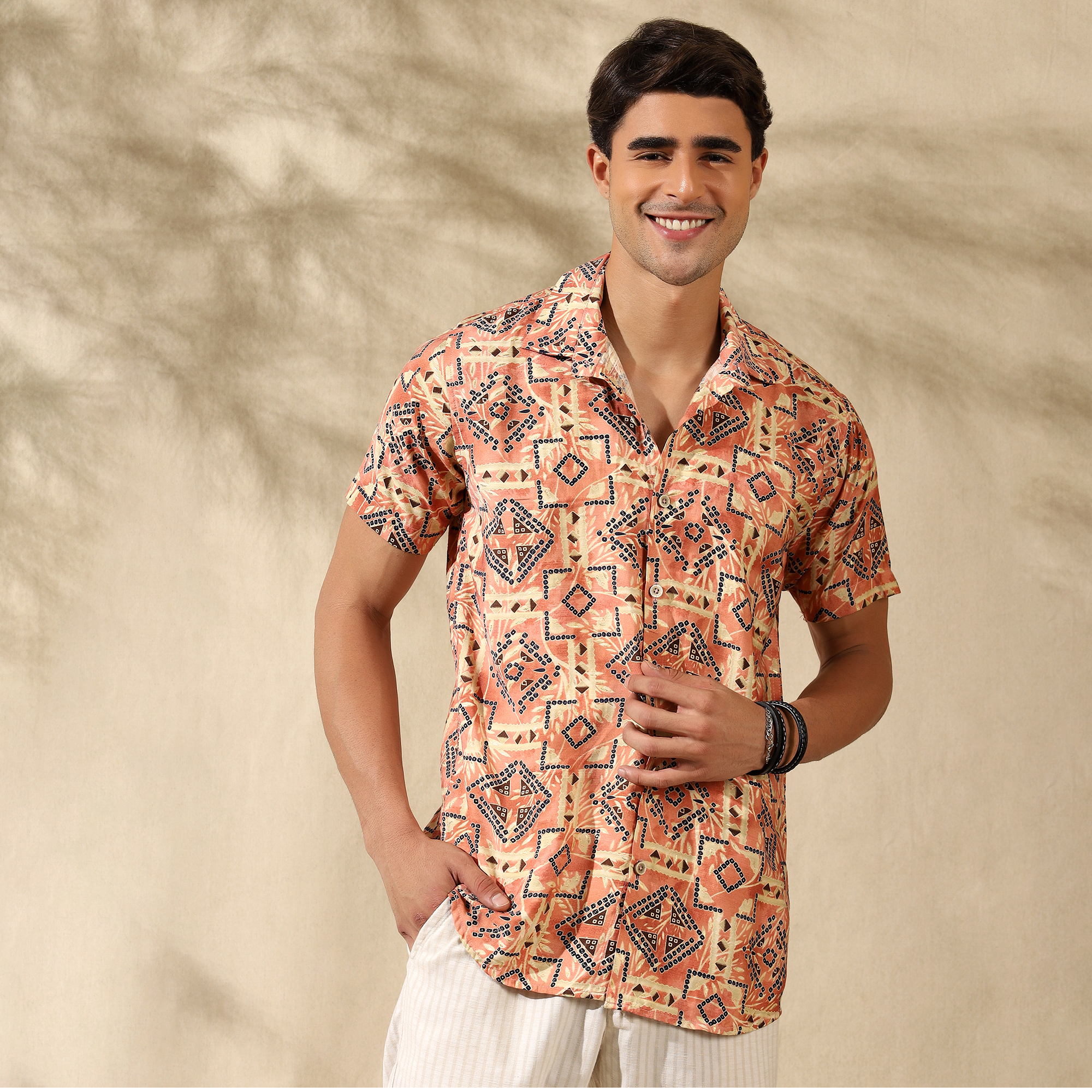 PEACH HALF CASUAL PRINTED COTTON SHIRT REGULAR FIT FOR MEN
