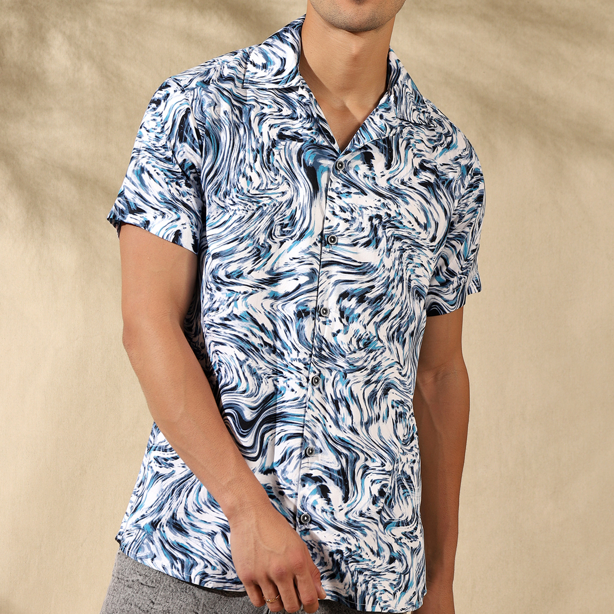 BLUE HALF CASUAL PRINTED COTTON SHIRT REGULAR FIT FOR MEN