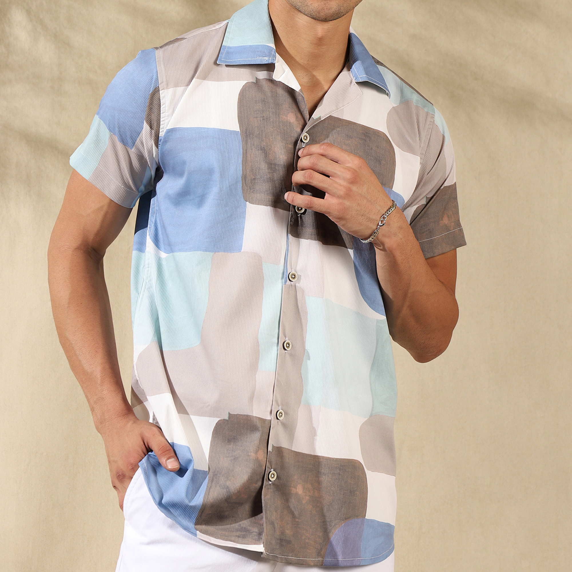 BLUE WHITE HALF CASUAL PRINTED COTTON SHIRT REGULAR FIT FOR MEN