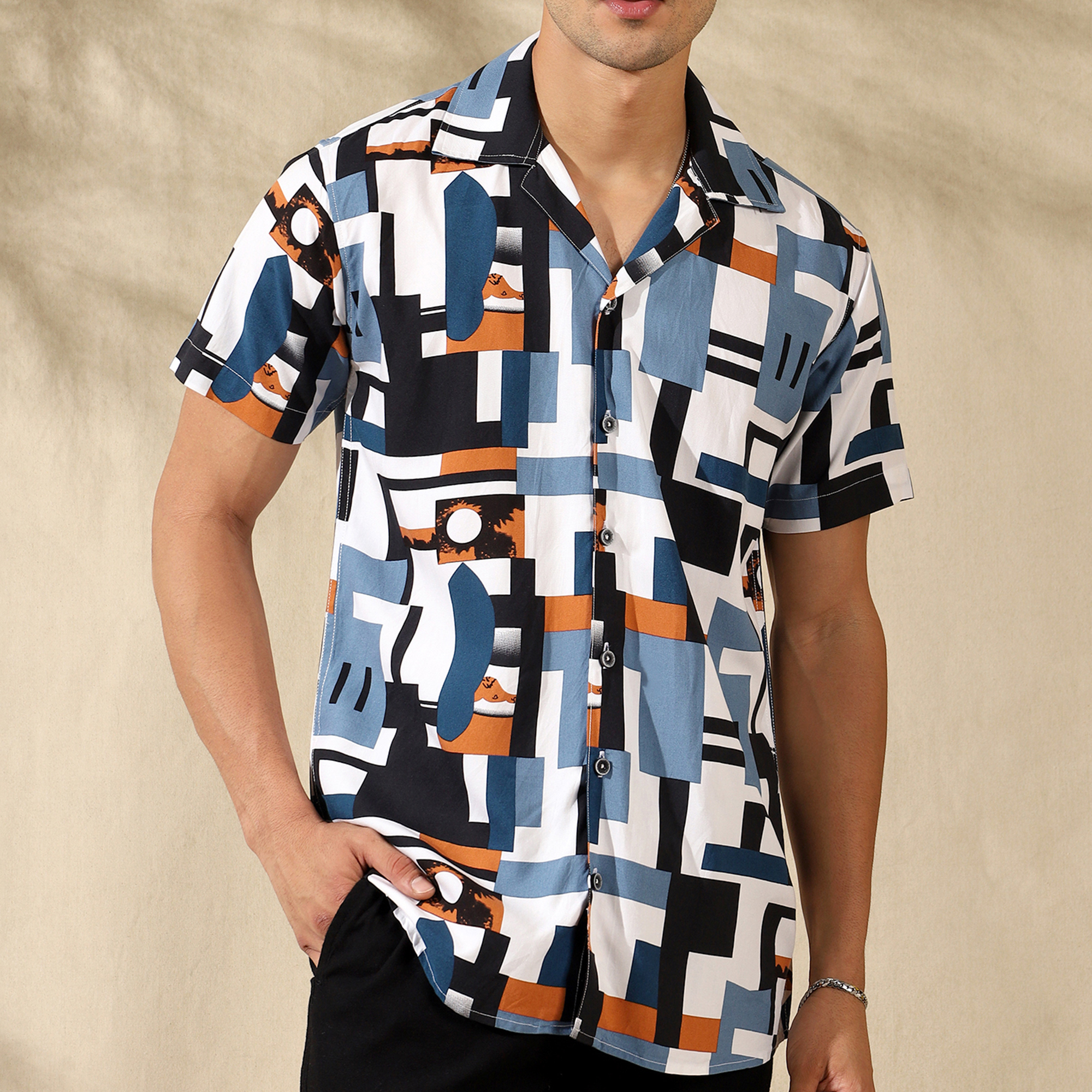 BLUE HALF CASUAL PRINTED COTTON SHIRT REGULAR FIT FOR MEN
