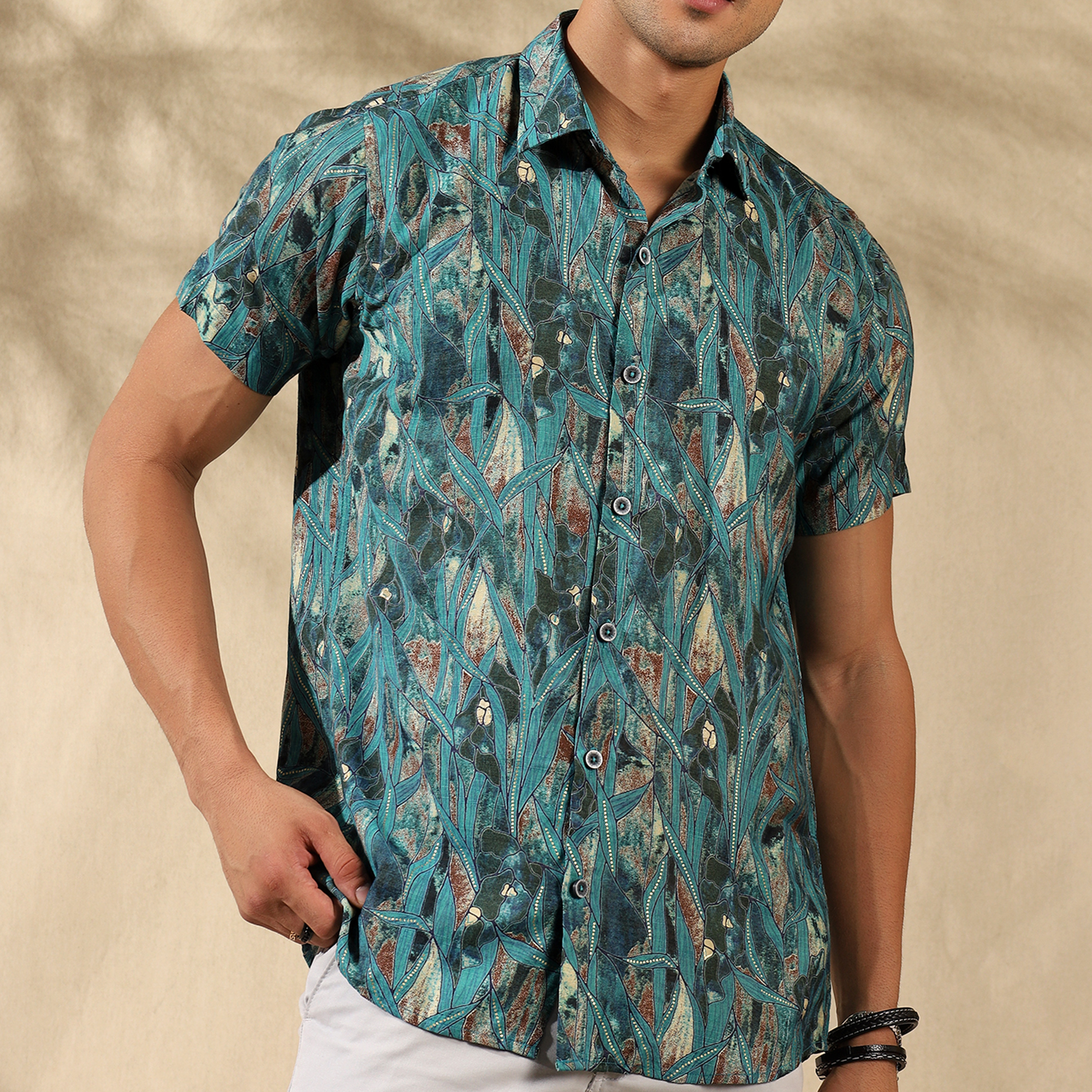 BLUE HALF CASUAL PRINTED COTTON SHIRT REGULAR FIT FOR MEN