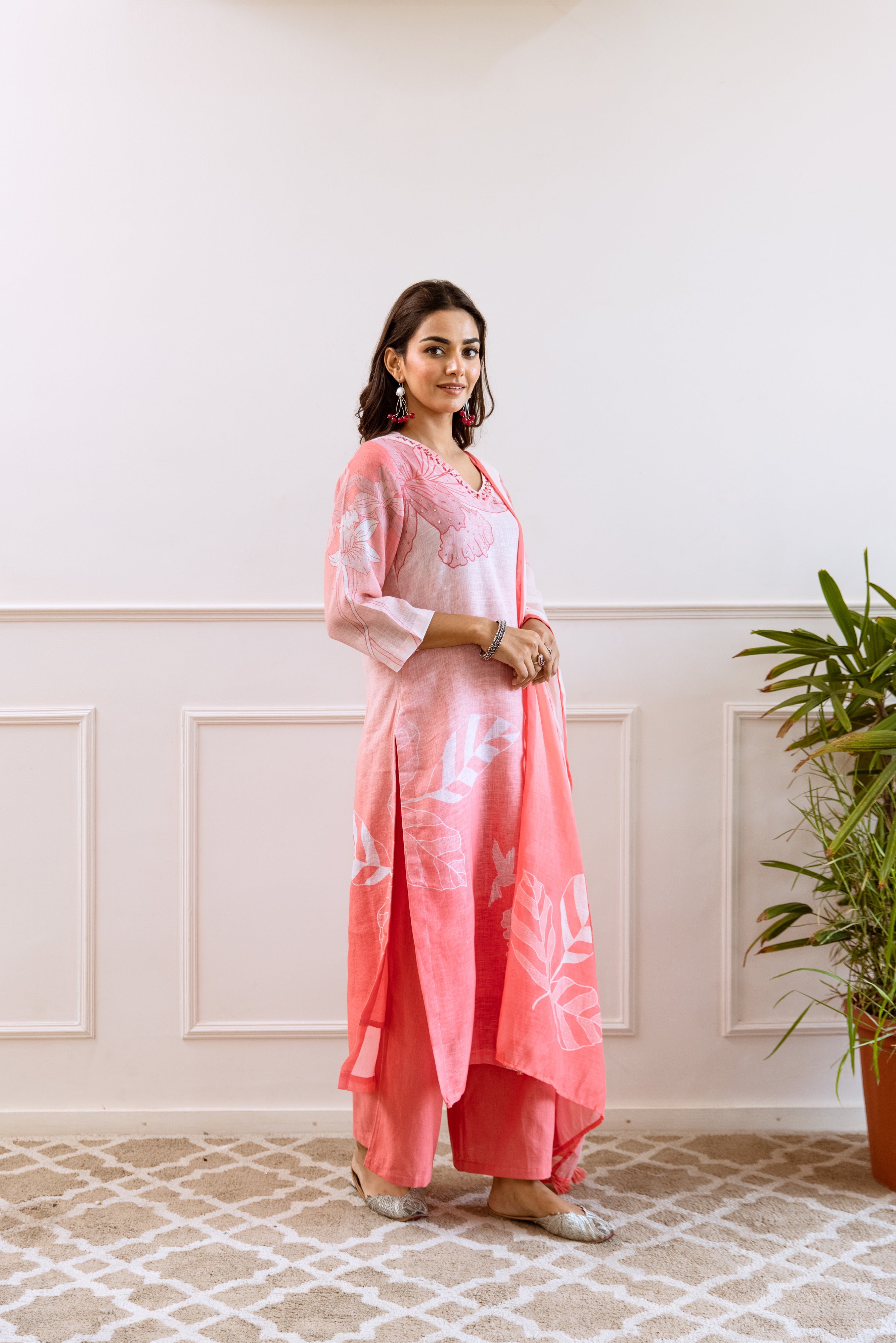 FLORAL PRINTED LINEN STRAIGHT KURTA SET WITH DUPATTA | THREE-PIECE ETHNIC WEAR FOR WOMEN | PLUS SIZE AVAILABLE-Light Pink