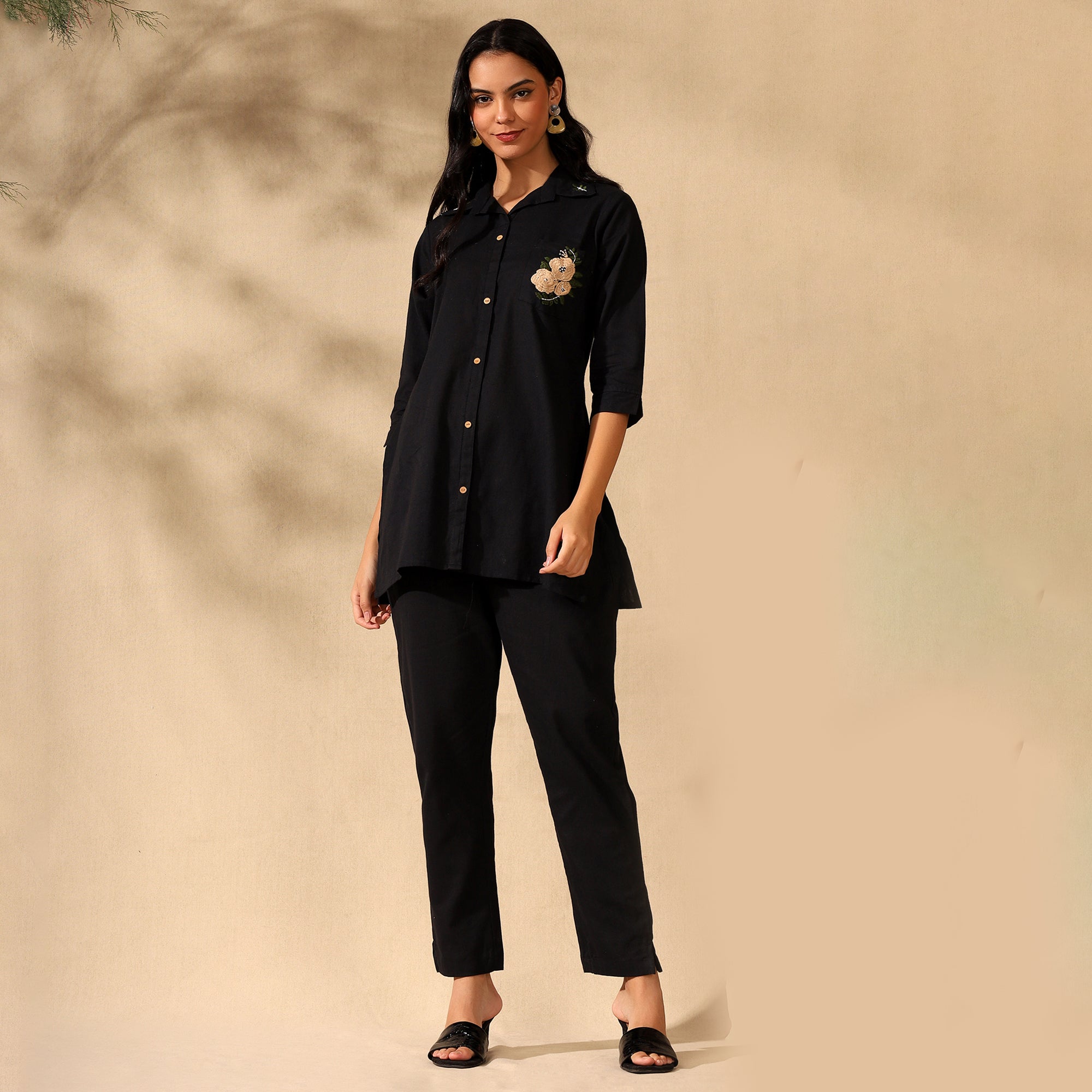 FLORAL EMBROIDERED COTTON CORD SET FOR WOMEN | SHIRT-PANT FUSION WEAR | BLACK