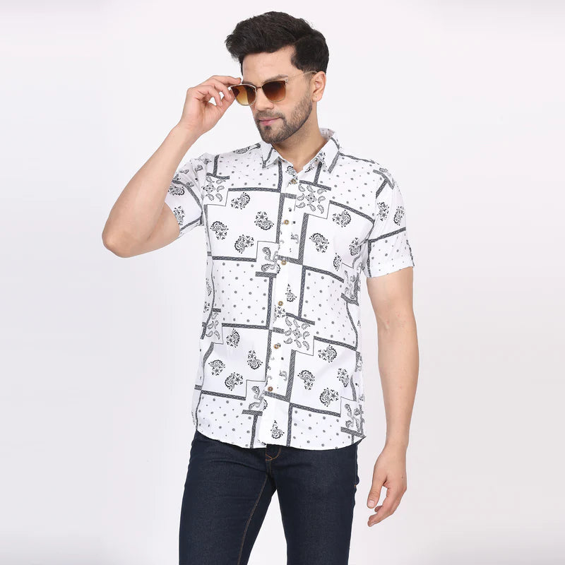 Men's Regular Fit Half Sleeve Printed Shirt-White