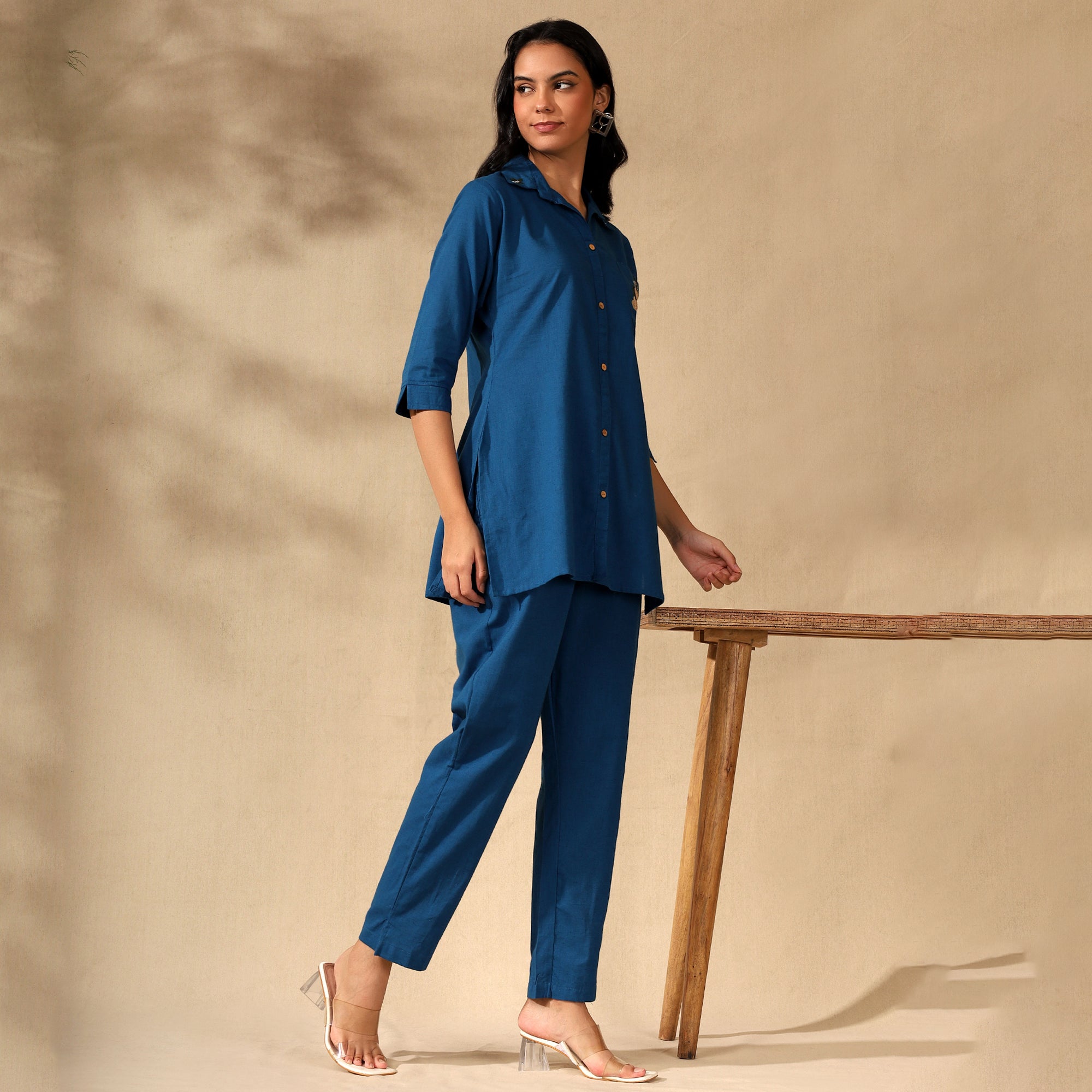 FLORAL EMBROIDERED COTTON CORD SET FOR WOMEN | SHIRT-PANT FUSION WEAR | BLUE