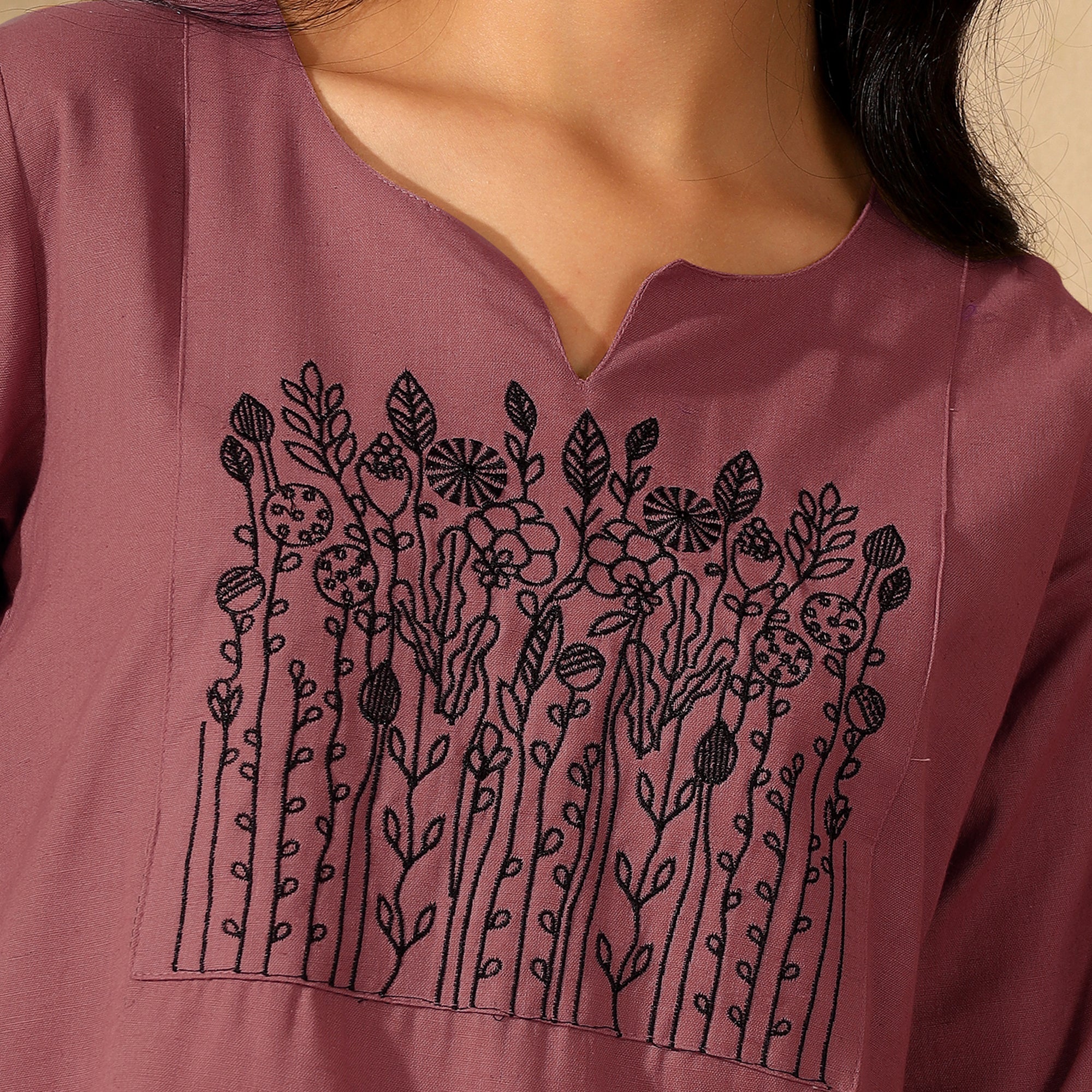 BOTANICAL EMBROIDERED COTTON CORD SET FOR WOMEN | KURTI AND PANTS COORDINATED SET | PINK