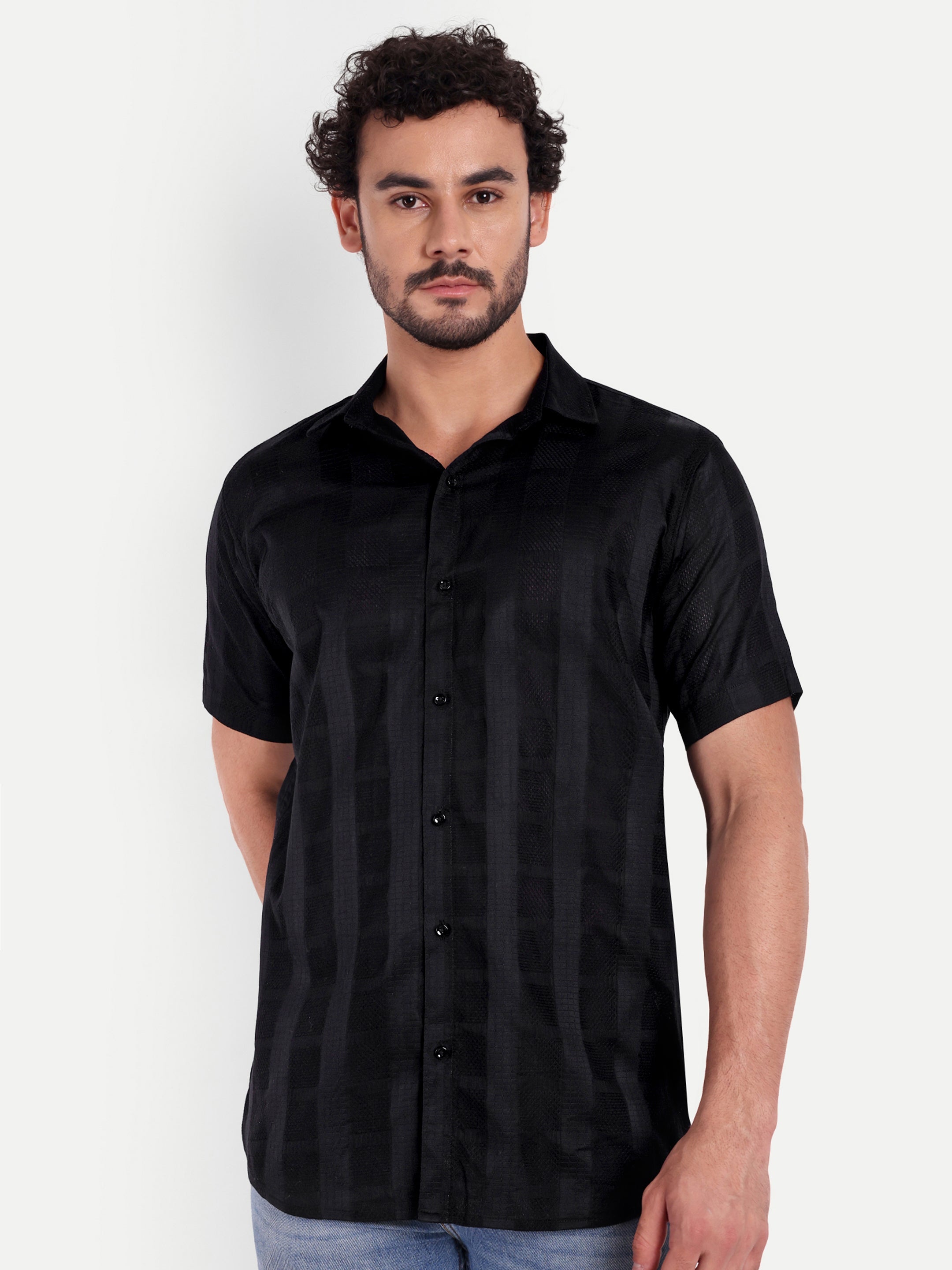 Black Textured Lining Half Shirt
