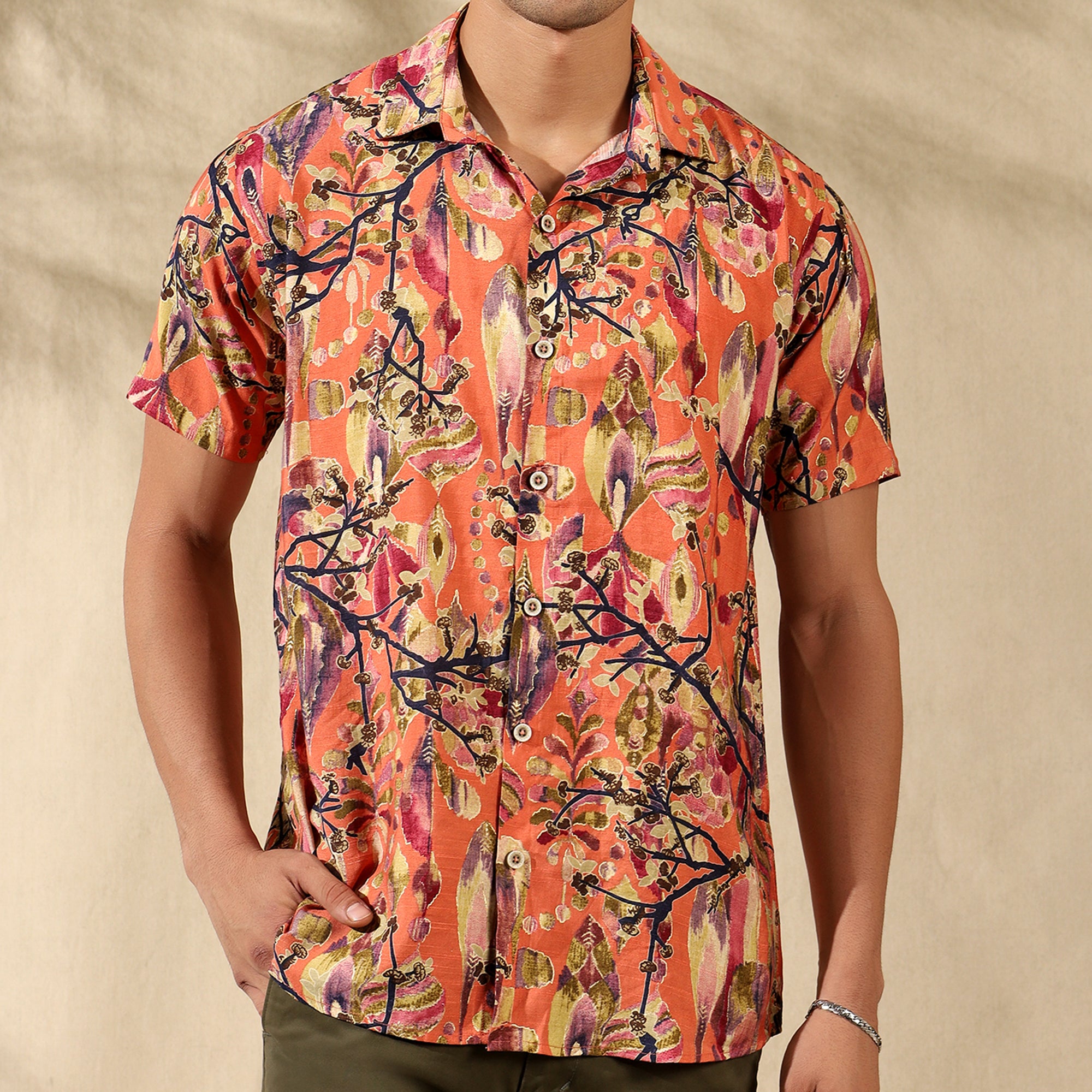 ORANGE HALF CASUAL PRINTED COTTON SHIRT REGULAR FIT FOR MEN