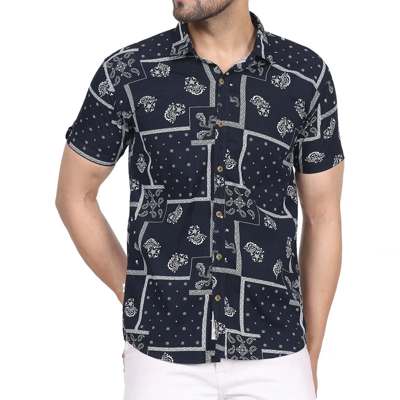 Men's Regular Fit Half Sleeve Printed Shirt-Navy Blue
