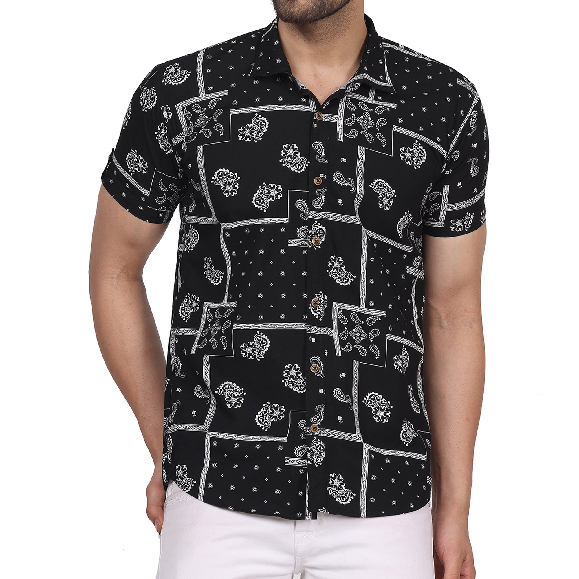 Men's Regular Fit Half Sleeve Printed Shirt-Black
