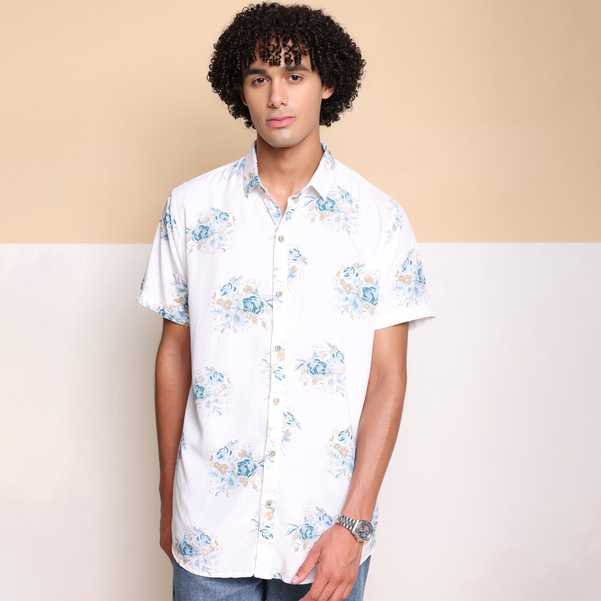Blue Half Casual Printed Cotton Shirt Regular Fit For Man