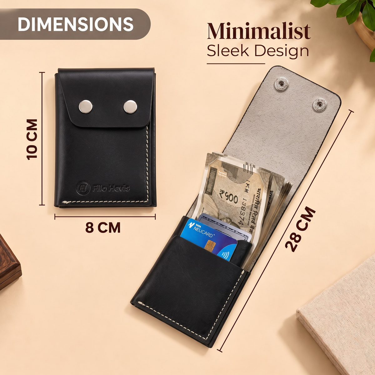 Leather Snap Button Wallet for Men – Compact Card Holder with Cash Pocket- Black