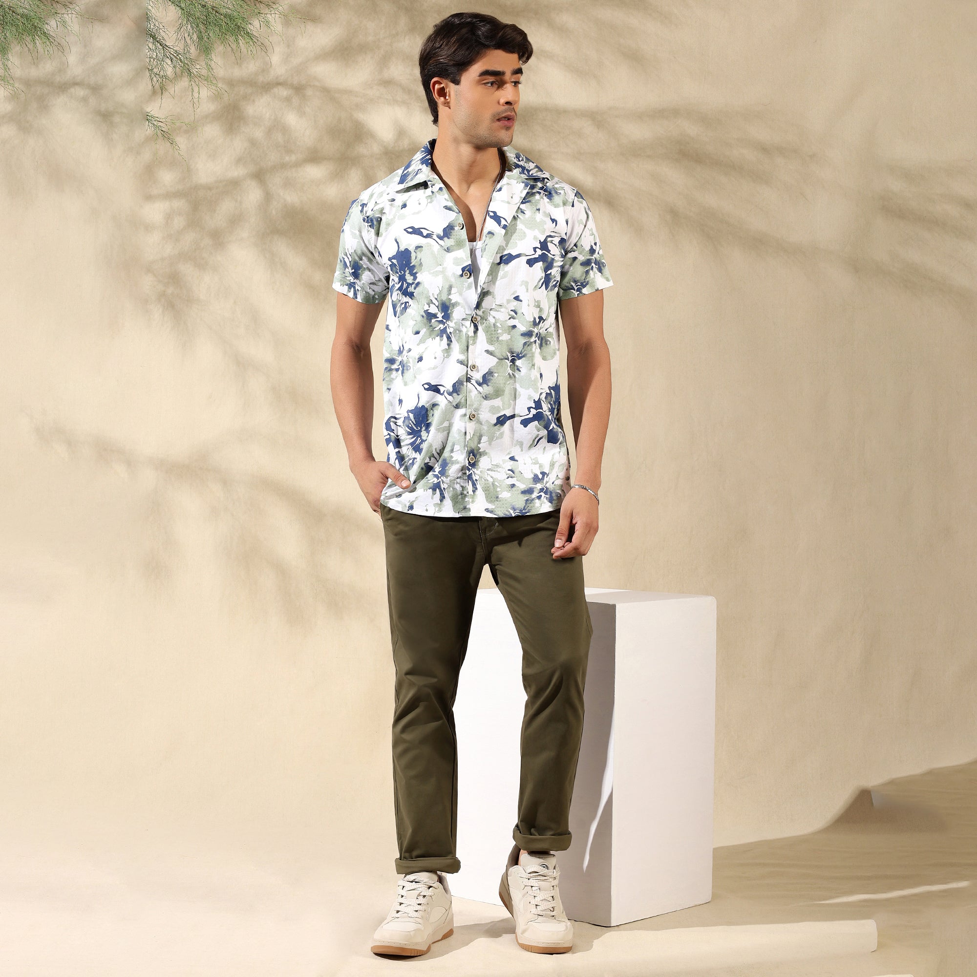 LIGHT GREEN HALF CASUAL PRINTED COTTON SHIRT REGULAR FIT FOR MEN