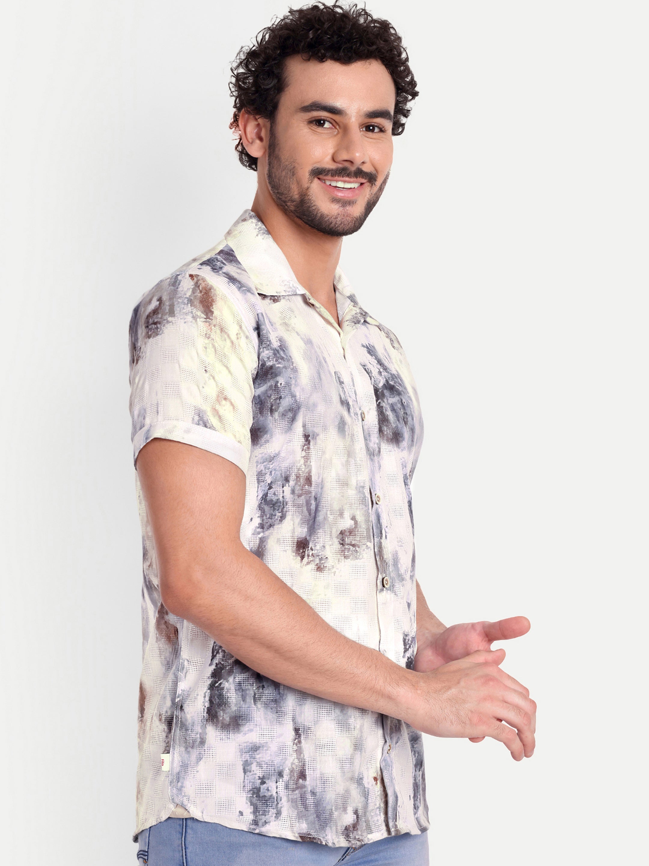 White Printed Textured Half Shirt