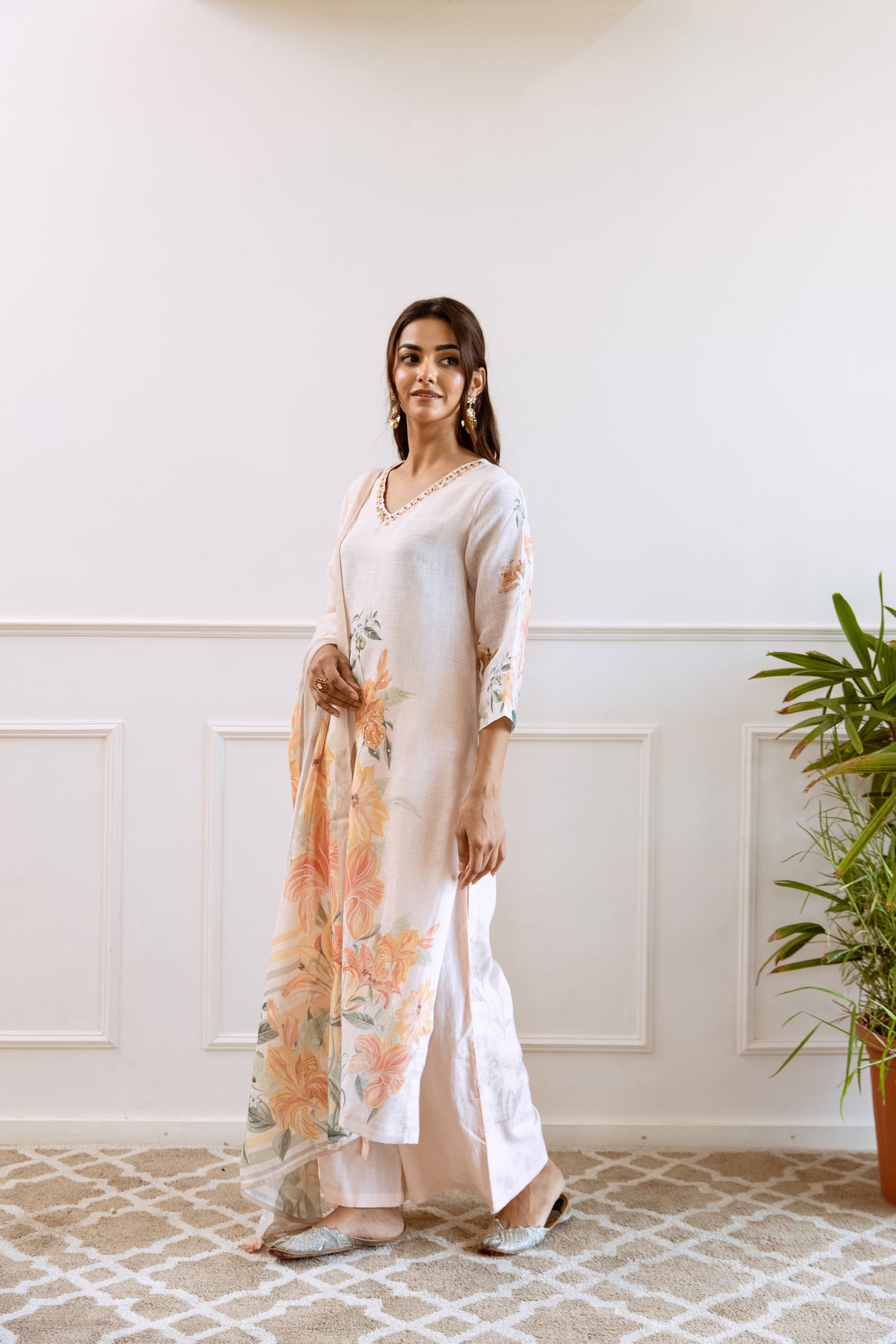 FLORAL PRINTED LINEN STRAIGHT KURTA SET WITH DUPATTA | THREE-PIECE ETHNIC WEAR FOR WOMEN | PLUS SIZE AVAILABLE-Cream