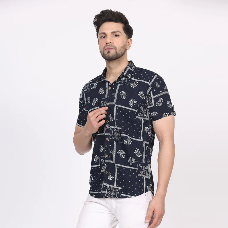 Men's Regular Fit Half Sleeve Printed Shirt-Navy Blue