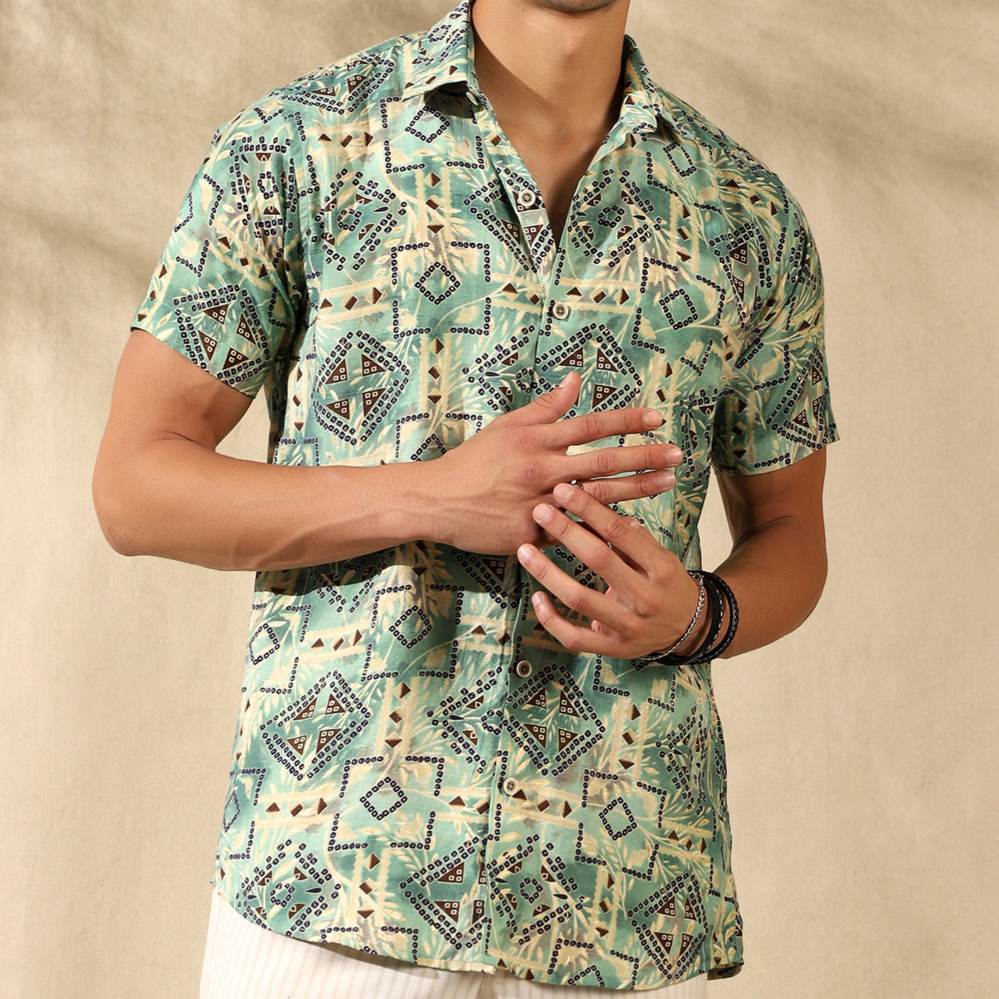 GREEN HALF CASUAL PRINTED COTTON SHIRT REGULAR FIT FOR MEN