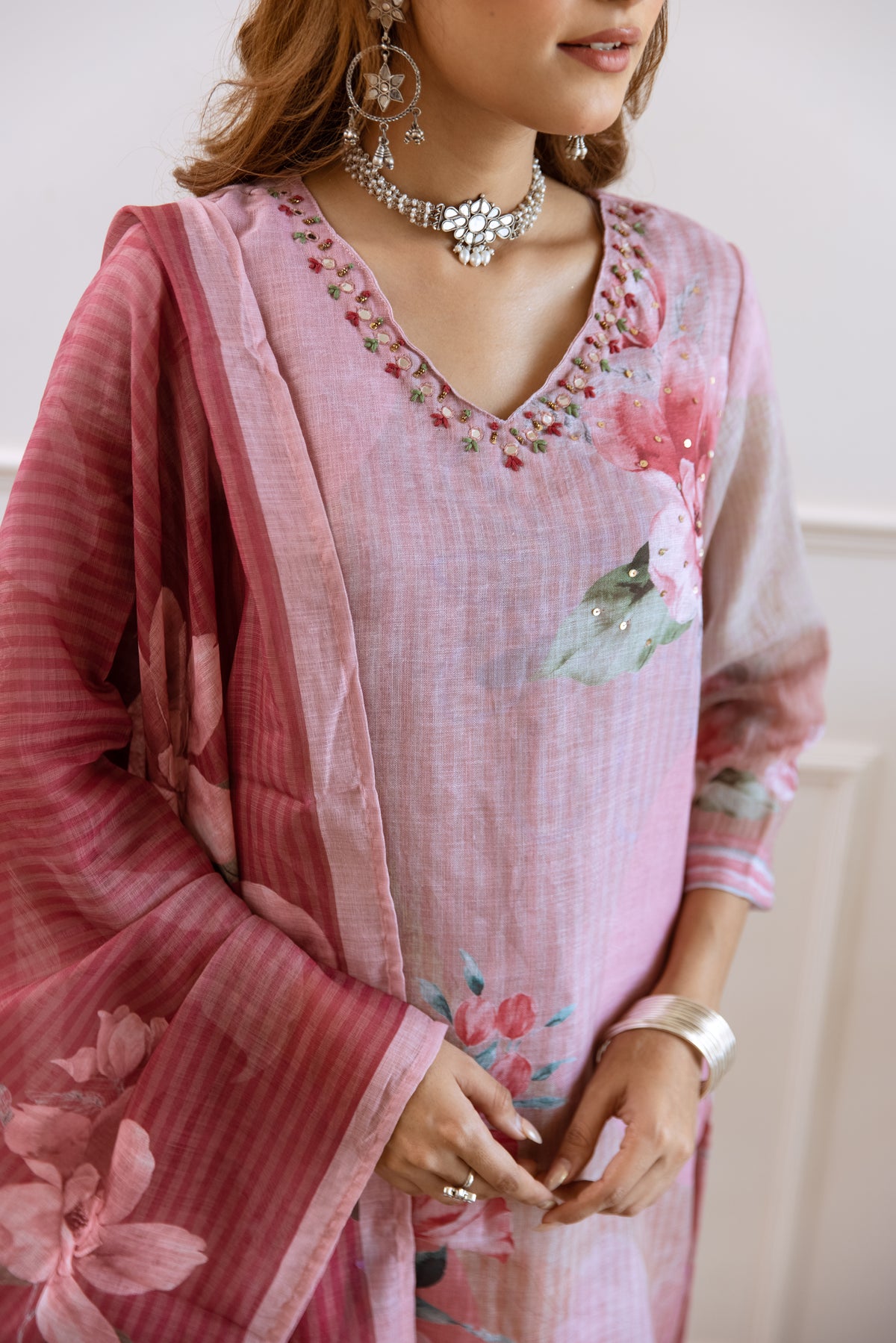 FLORAL PRINTED LINEN STRAIGHT KURTA SET WITH DUPATTA | THREE-PIECE ETHNIC WEAR FOR WOMEN | PLUS SIZE AVAILABLE-Rose Pink