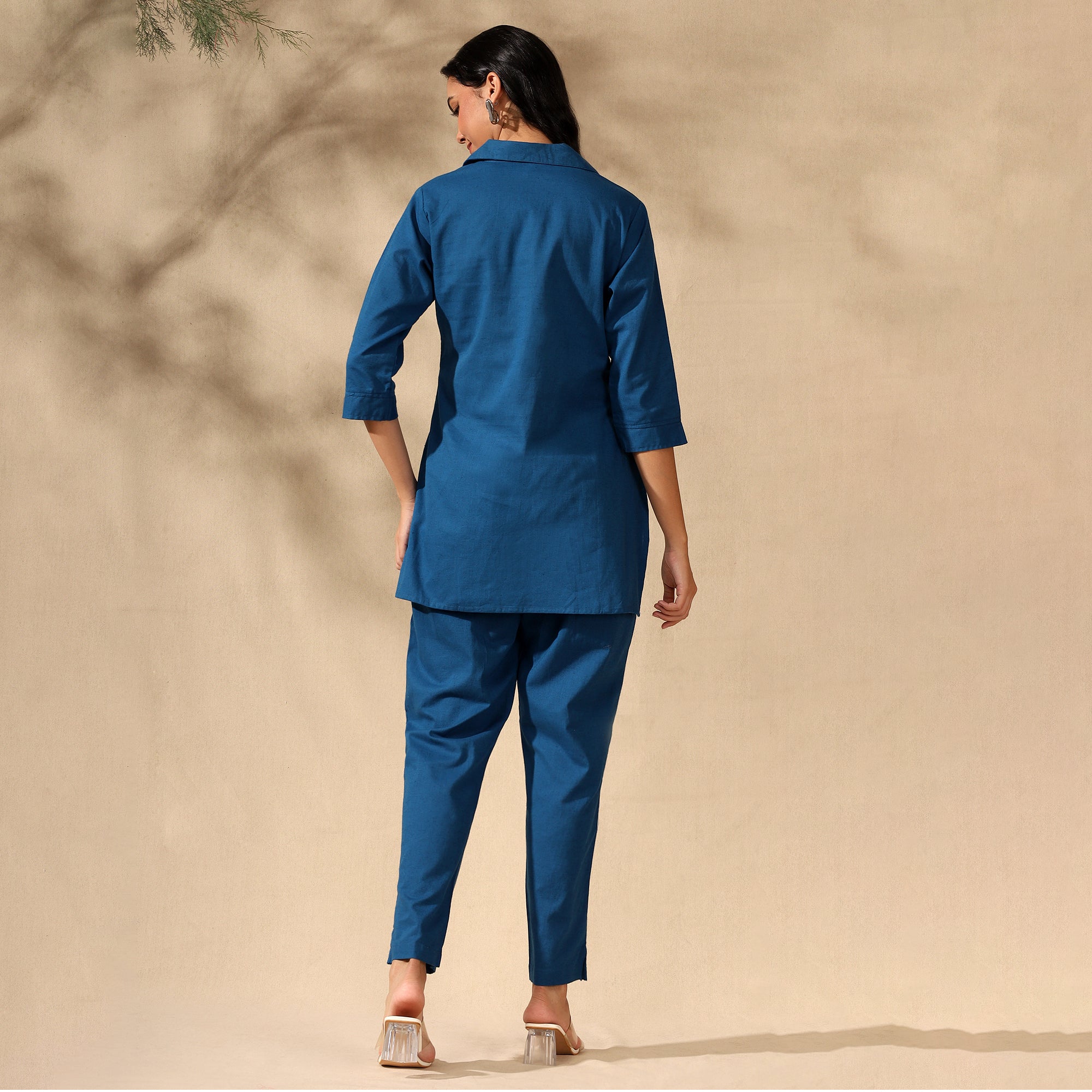 FLORAL EMBROIDERED COTTON CORD SET FOR WOMEN | SHIRT-PANT FUSION WEAR | BLUE