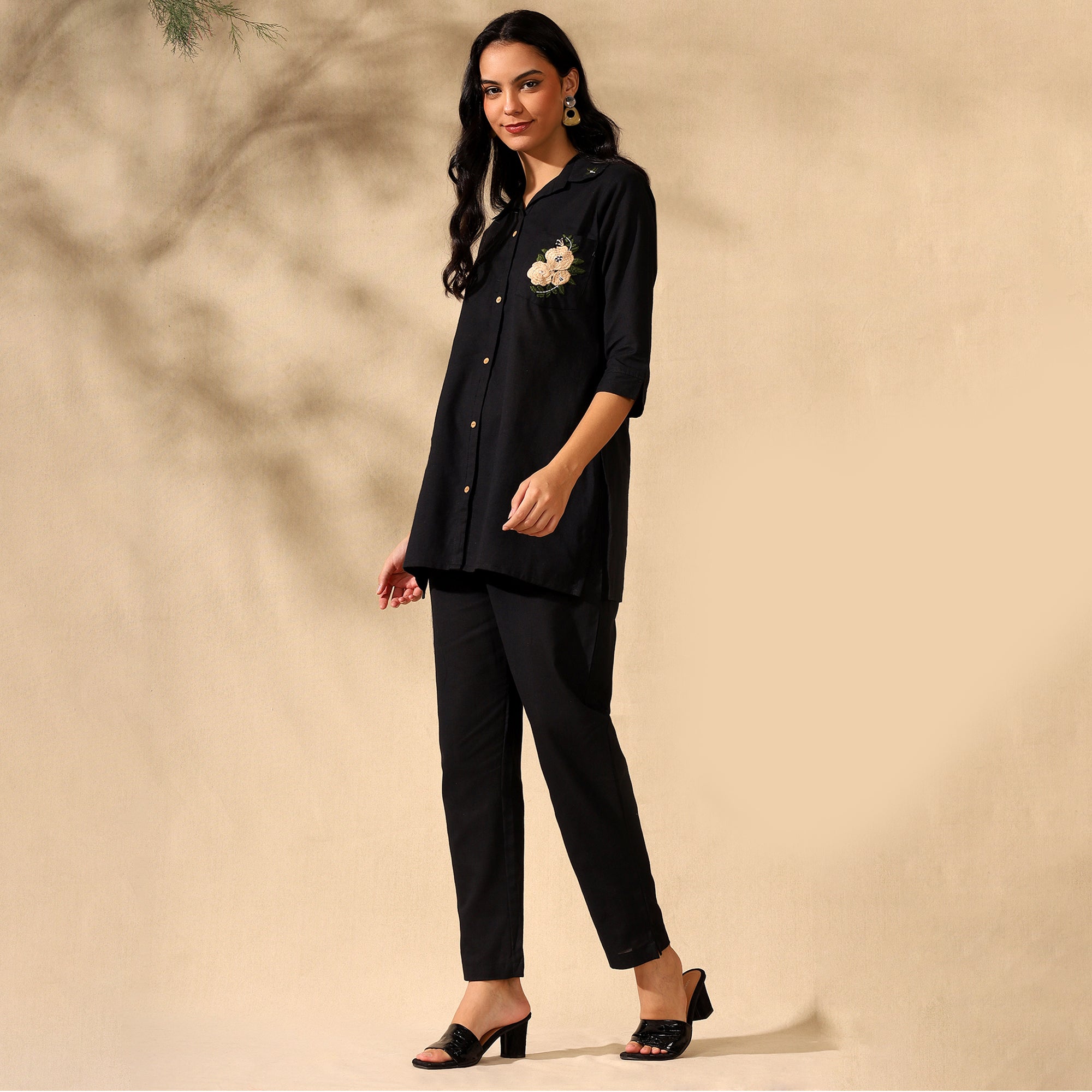 FLORAL EMBROIDERED COTTON CORD SET FOR WOMEN | SHIRT-PANT FUSION WEAR | BLACK