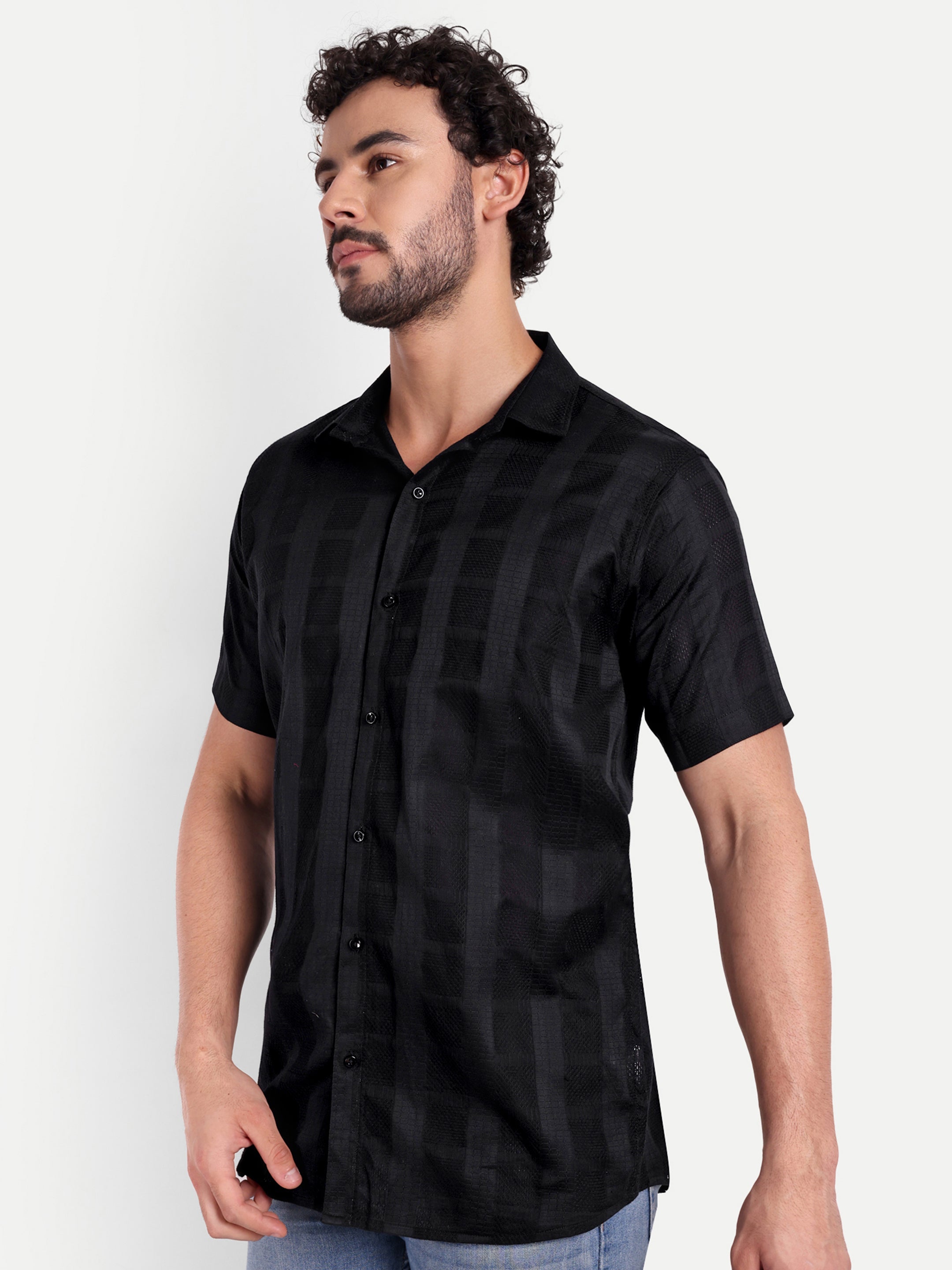 Black Textured Lining Half Shirt