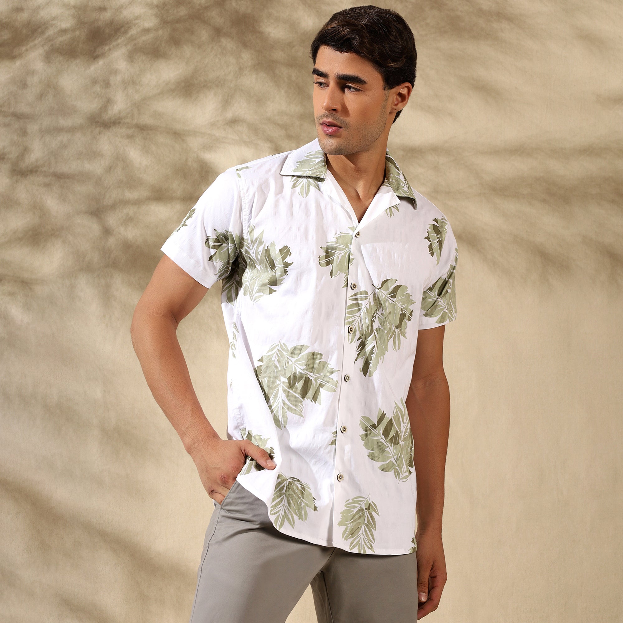 GREEN HALF CASUAL PRINTED COTTON SHIRT REGULAR FIT FOR MEN