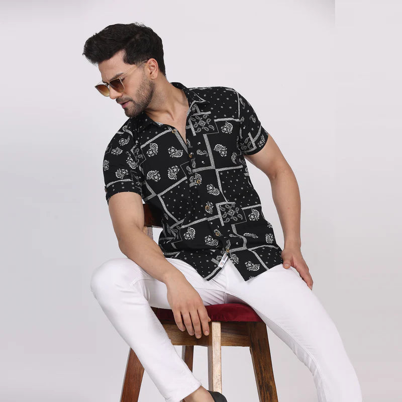 Men's Regular Fit Half Sleeve Printed Shirt-Black
