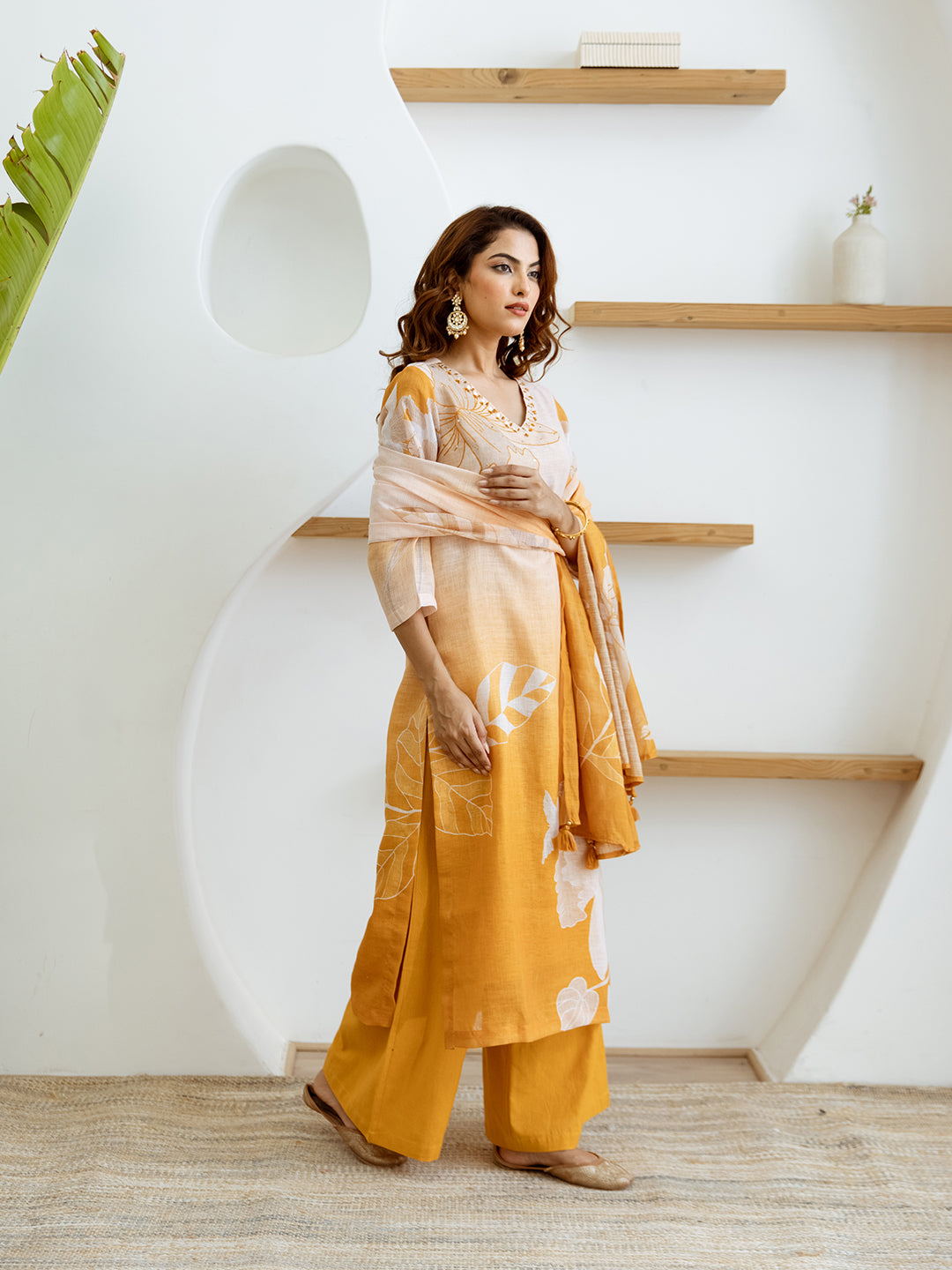 FLORAL PRINTED LINEN STRAIGHT KURTA SET WITH DUPATTA | THREE-PIECE ETHNIC WEAR FOR WOMEN | PLUS SIZE AVAILABLE-Yellow