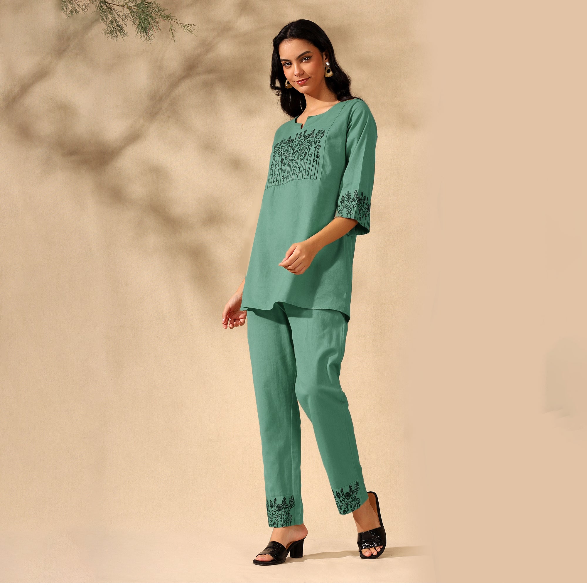 BOTANICAL EMBROIDERED COTTON CORD SET FOR WOMEN | KURTI AND PANTS COORDINATED SET | GREEN