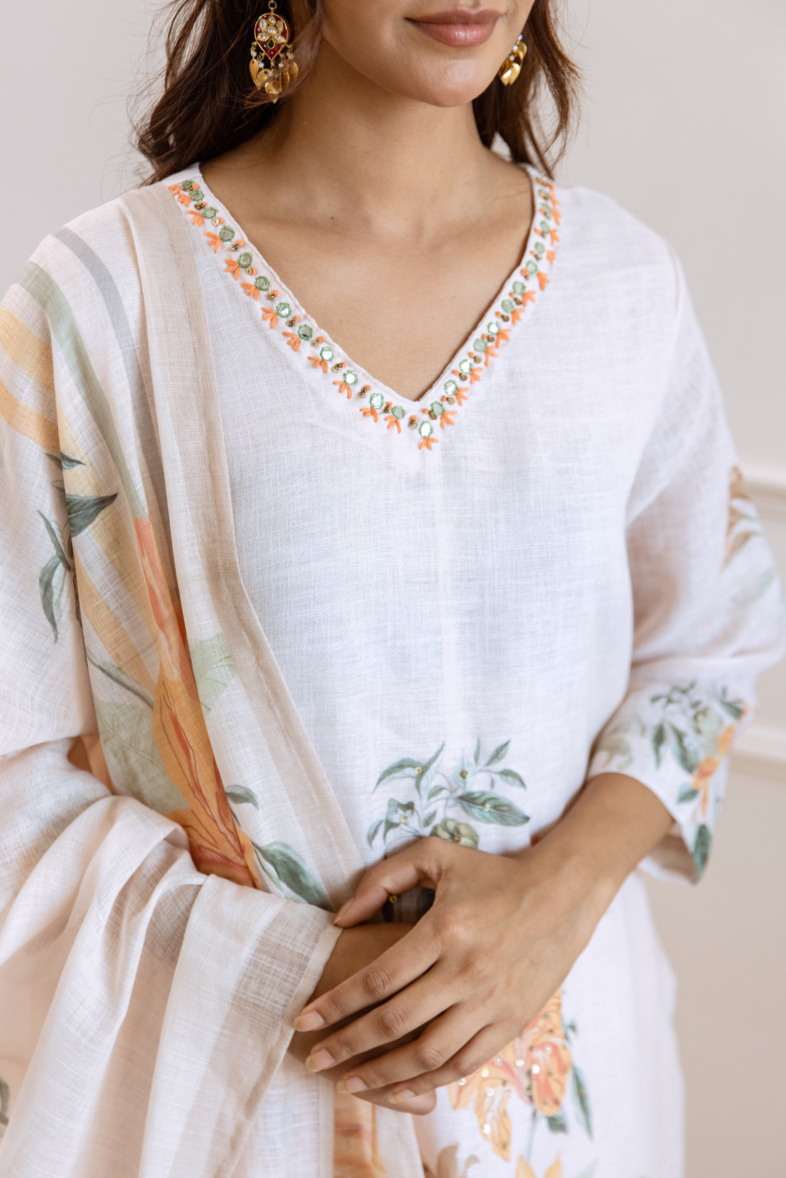FLORAL PRINTED LINEN STRAIGHT KURTA SET WITH DUPATTA | THREE-PIECE ETHNIC WEAR FOR WOMEN | PLUS SIZE AVAILABLE-Cream