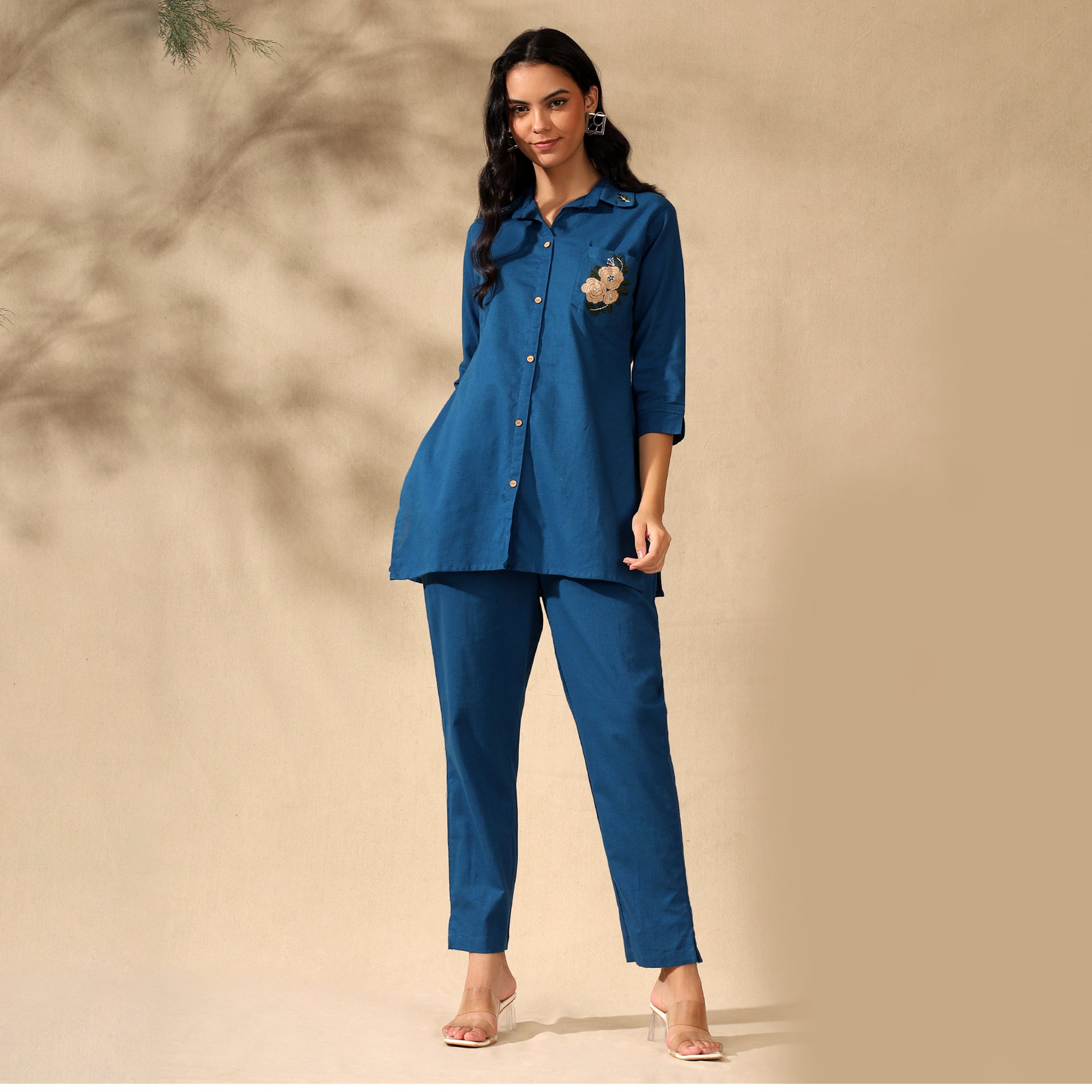 FLORAL EMBROIDERED COTTON CORD SET FOR WOMEN | SHIRT-PANT FUSION WEAR | BLUE