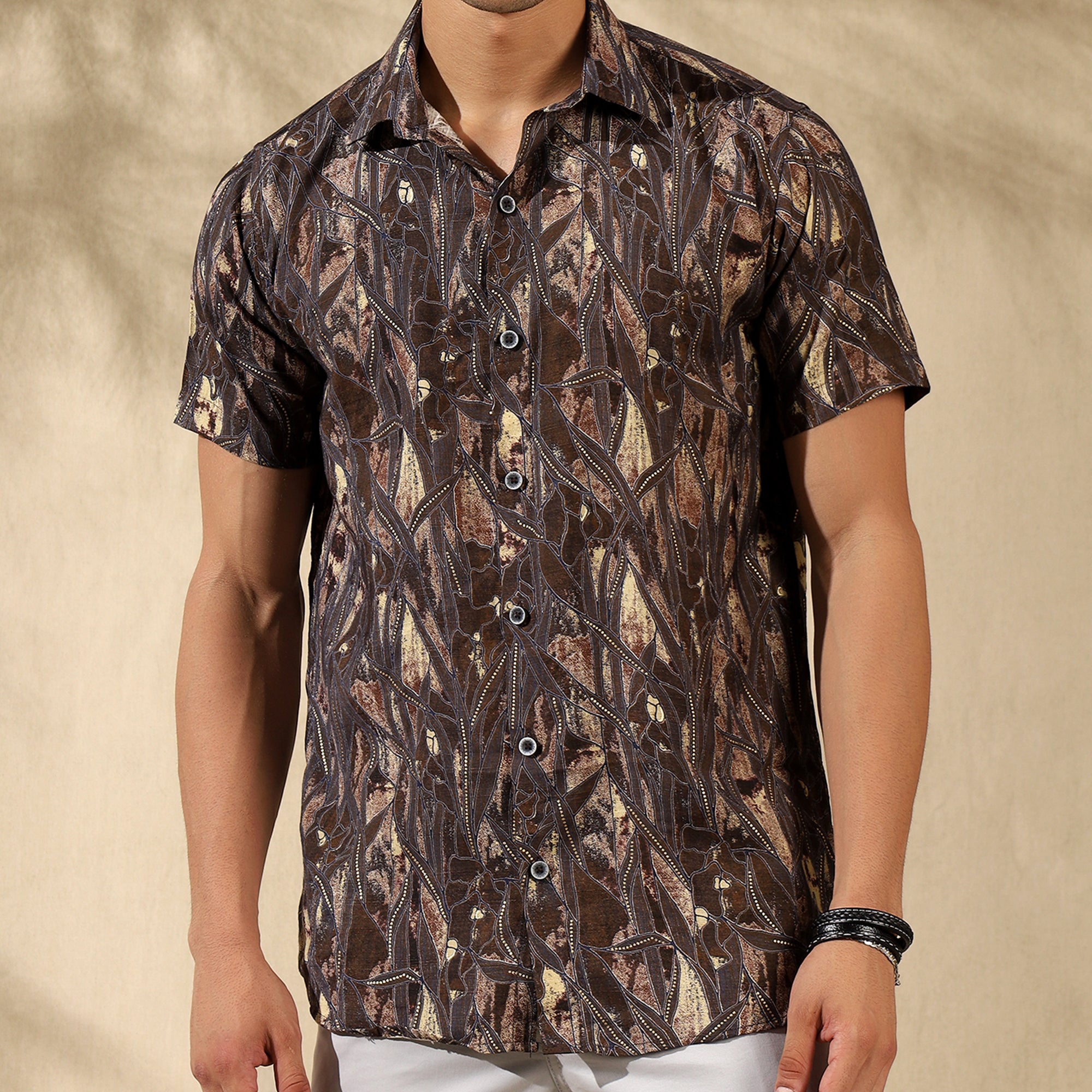 BROWN HALF CASUAL PRINTED COTTON SHIRT REGULAR FIT FOR MEN