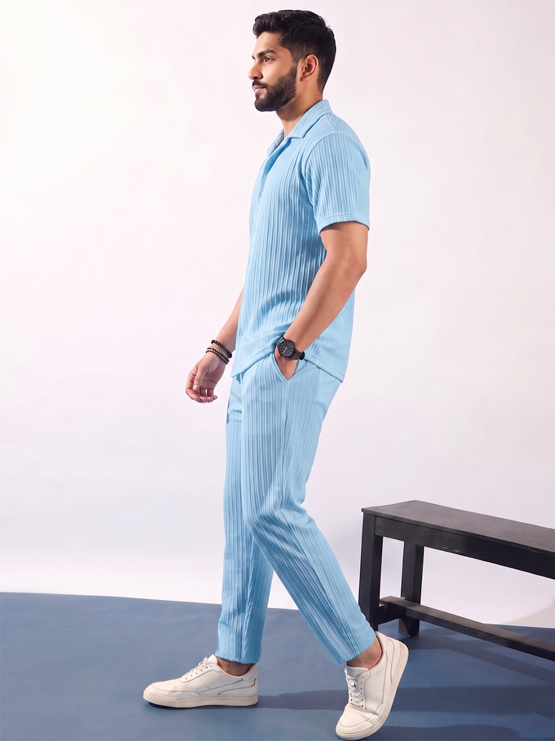 SELF-STRIPE POPCORN CORD SET FOR MEN | MATCHING SETS WITH PANTS Light Sky