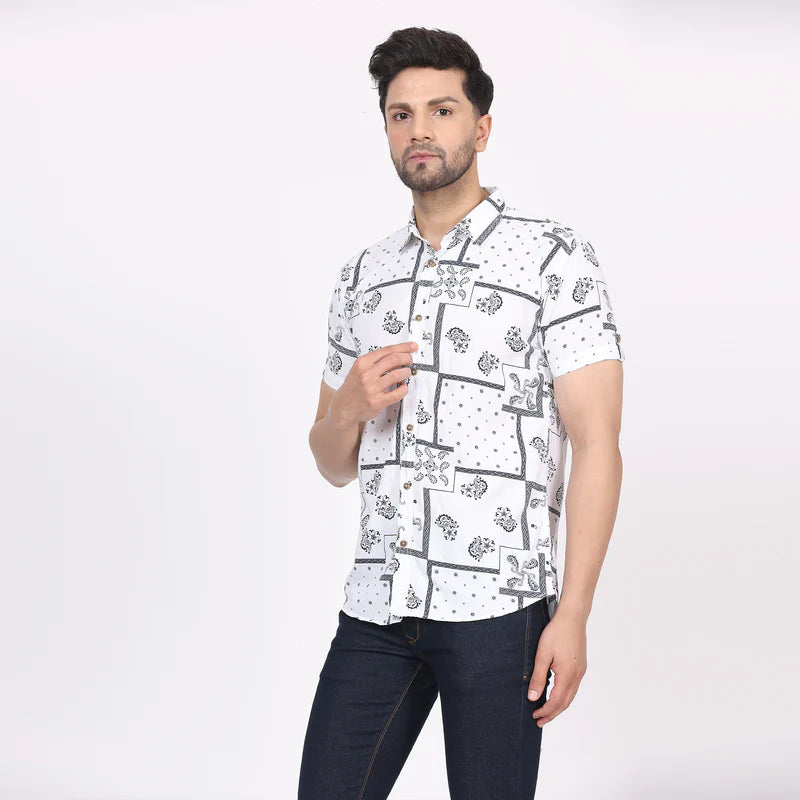Men's Regular Fit Half Sleeve Printed Shirt-White