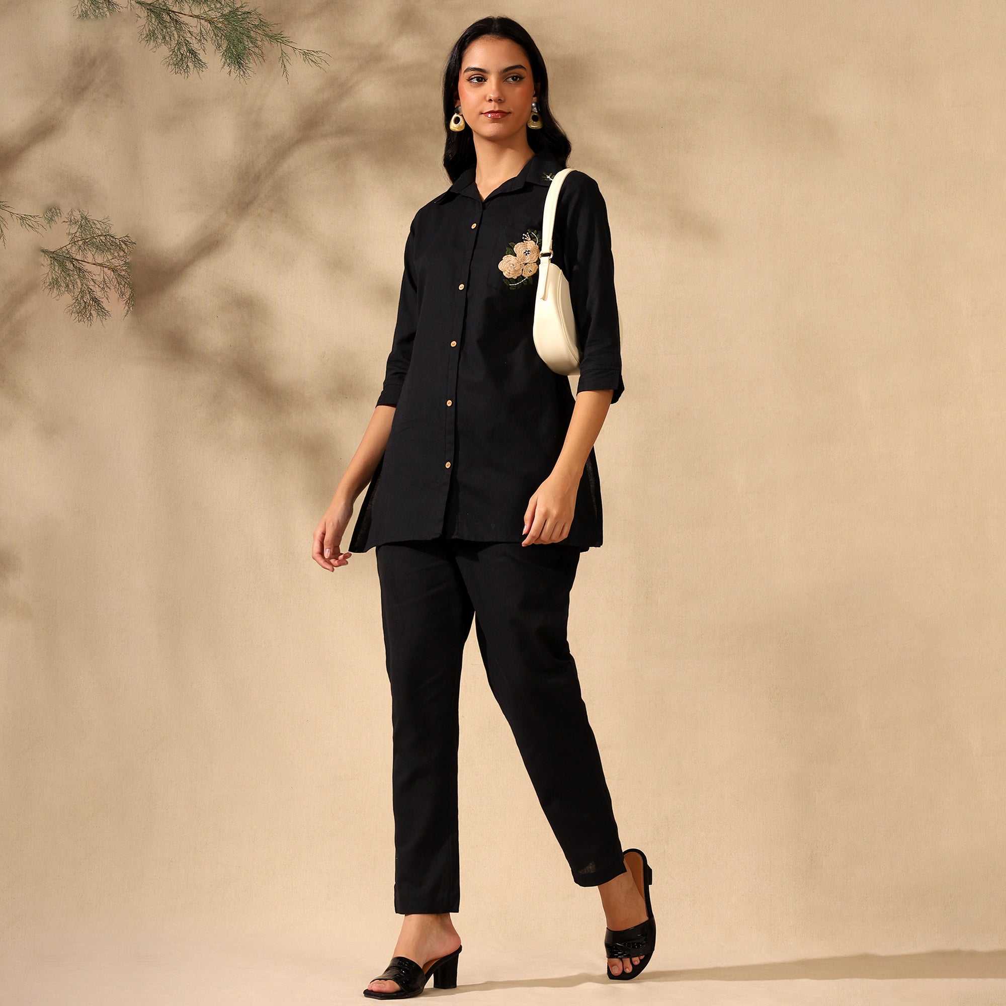 FLORAL EMBROIDERED COTTON CORD SET FOR WOMEN | SHIRT-PANT FUSION WEAR | BLACK