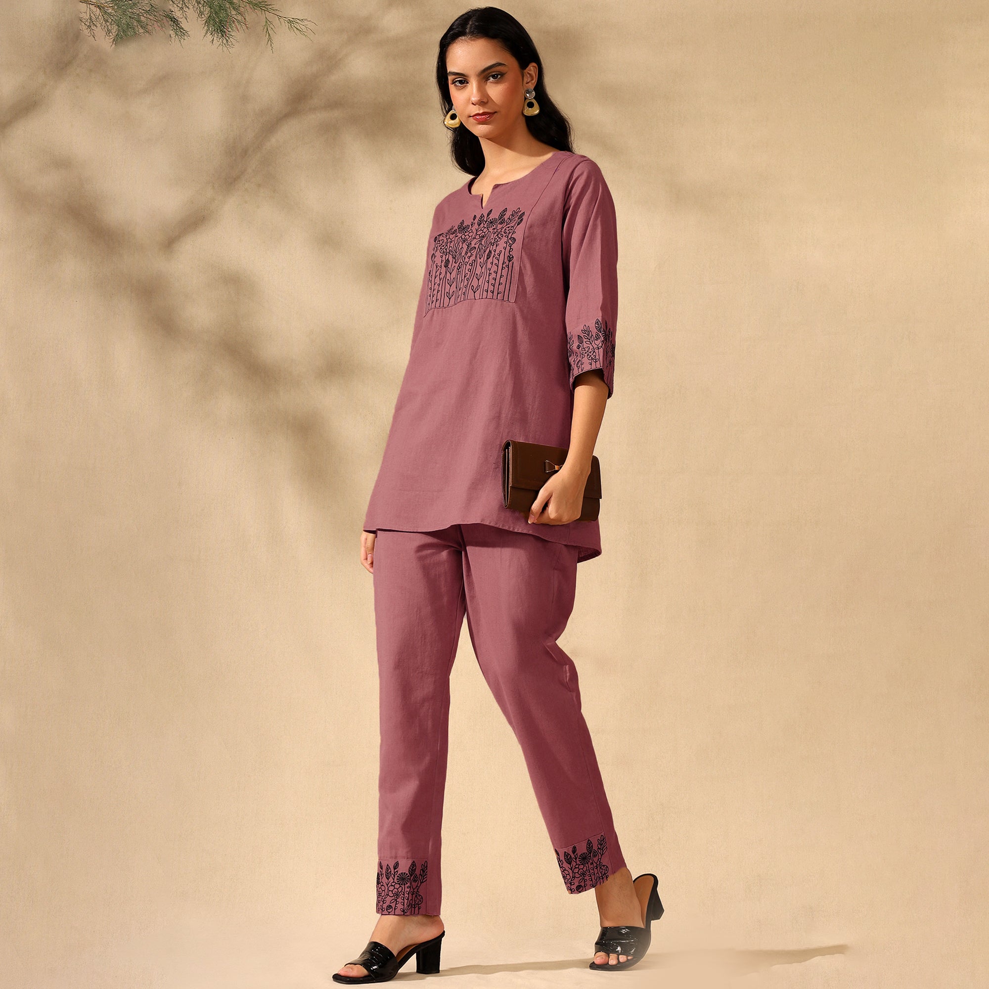 BOTANICAL EMBROIDERED COTTON CORD SET FOR WOMEN | KURTI AND PANTS COORDINATED SET | PINK