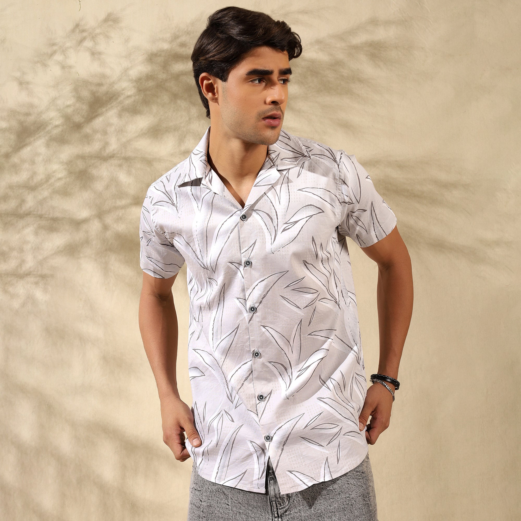 LIGHT GREY HALF CASUAL PRINTED COTTON SHIRT REGULAR FIT FOR MEN