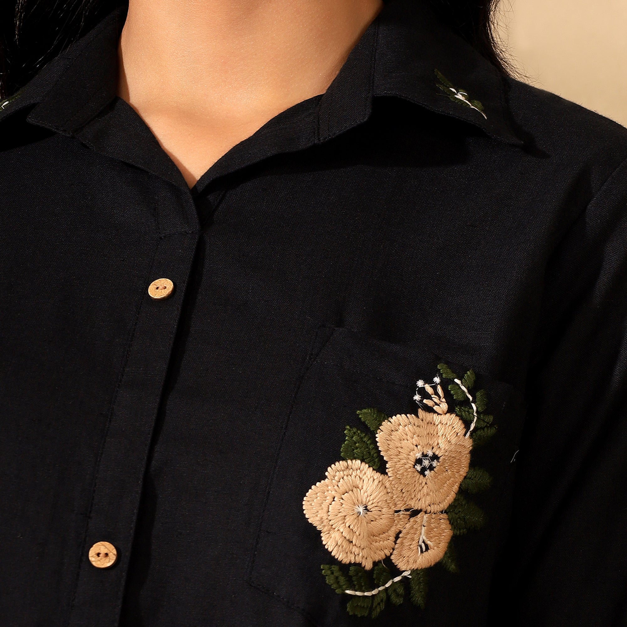 FLORAL EMBROIDERED COTTON CORD SET FOR WOMEN | SHIRT-PANT FUSION WEAR | BLACK