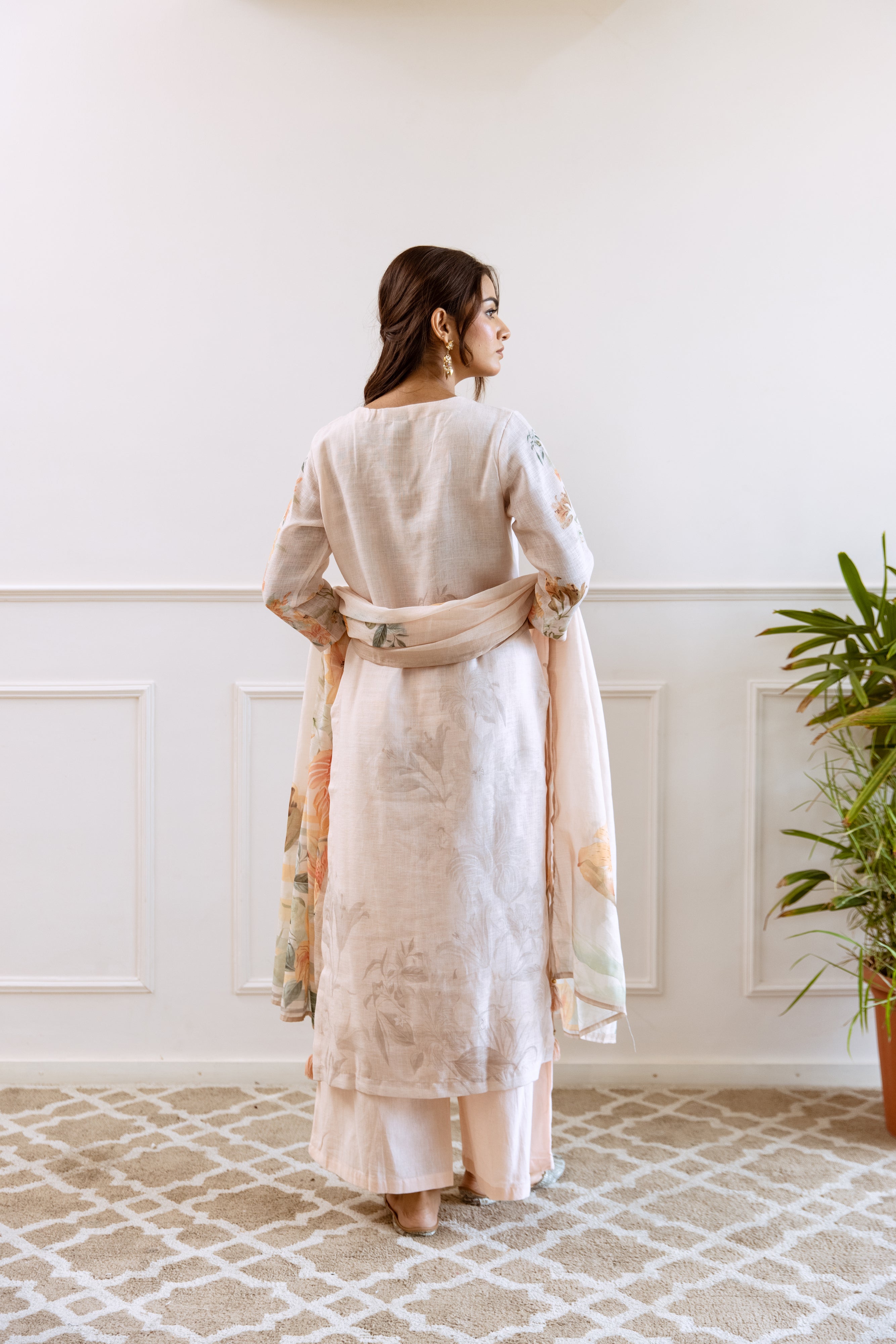 FLORAL PRINTED LINEN STRAIGHT KURTA SET WITH DUPATTA | THREE-PIECE ETHNIC WEAR FOR WOMEN | PLUS SIZE AVAILABLE-Cream