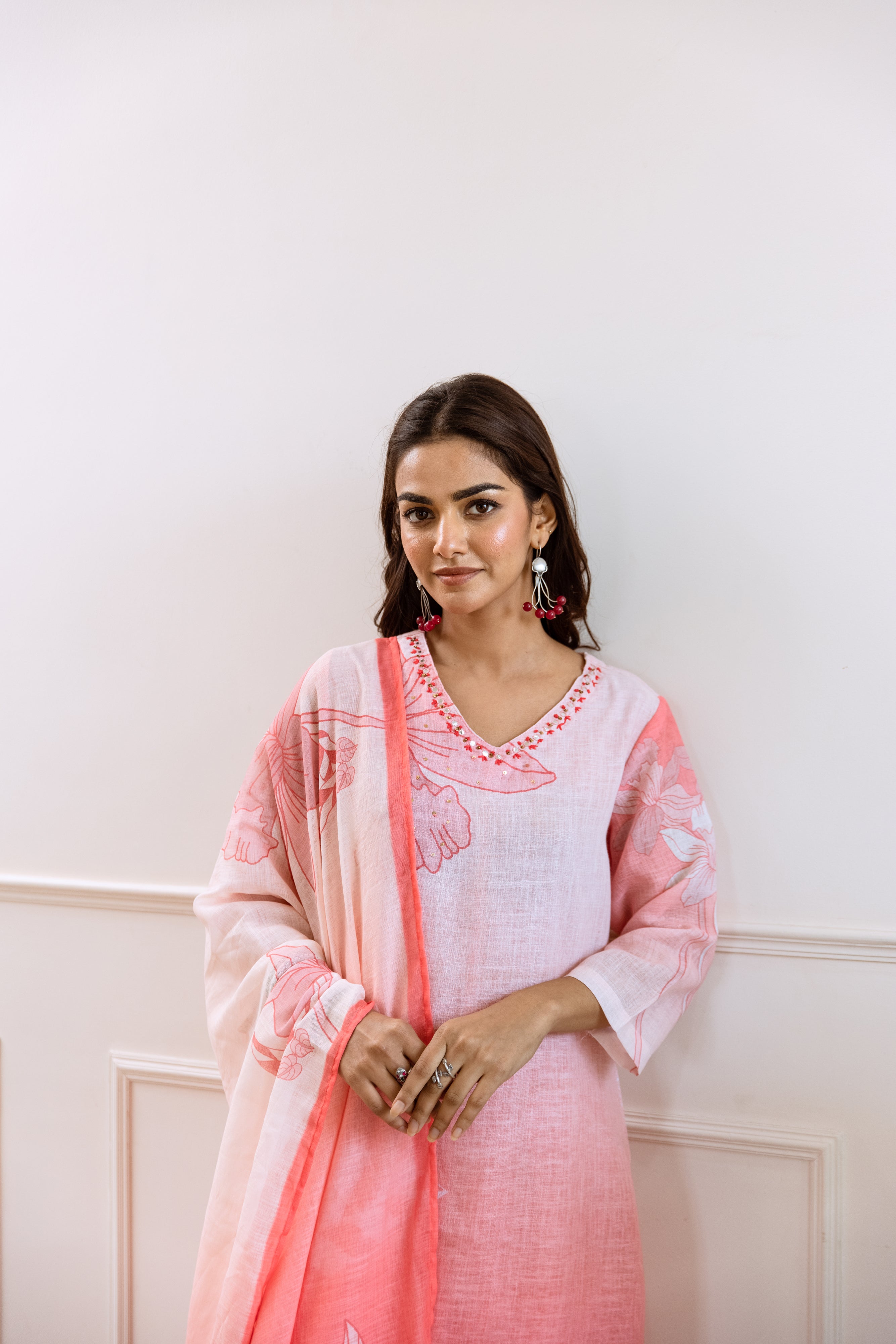 FLORAL PRINTED LINEN STRAIGHT KURTA SET WITH DUPATTA | THREE-PIECE ETHNIC WEAR FOR WOMEN | PLUS SIZE AVAILABLE-Light Pink