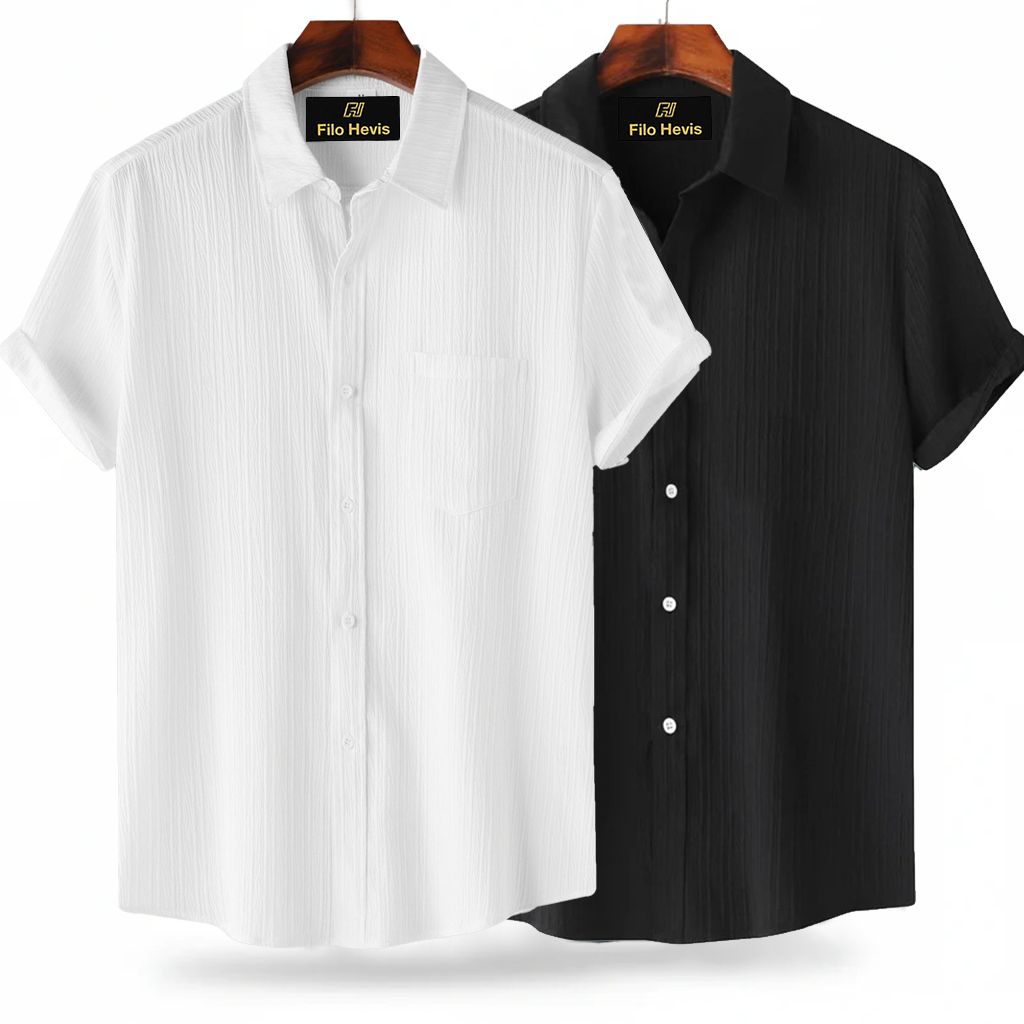 White & Black Popcorn Texture Half Sleeve Shirt Combo