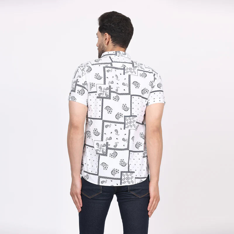 Men's Regular Fit Half Sleeve Printed Shirt-White