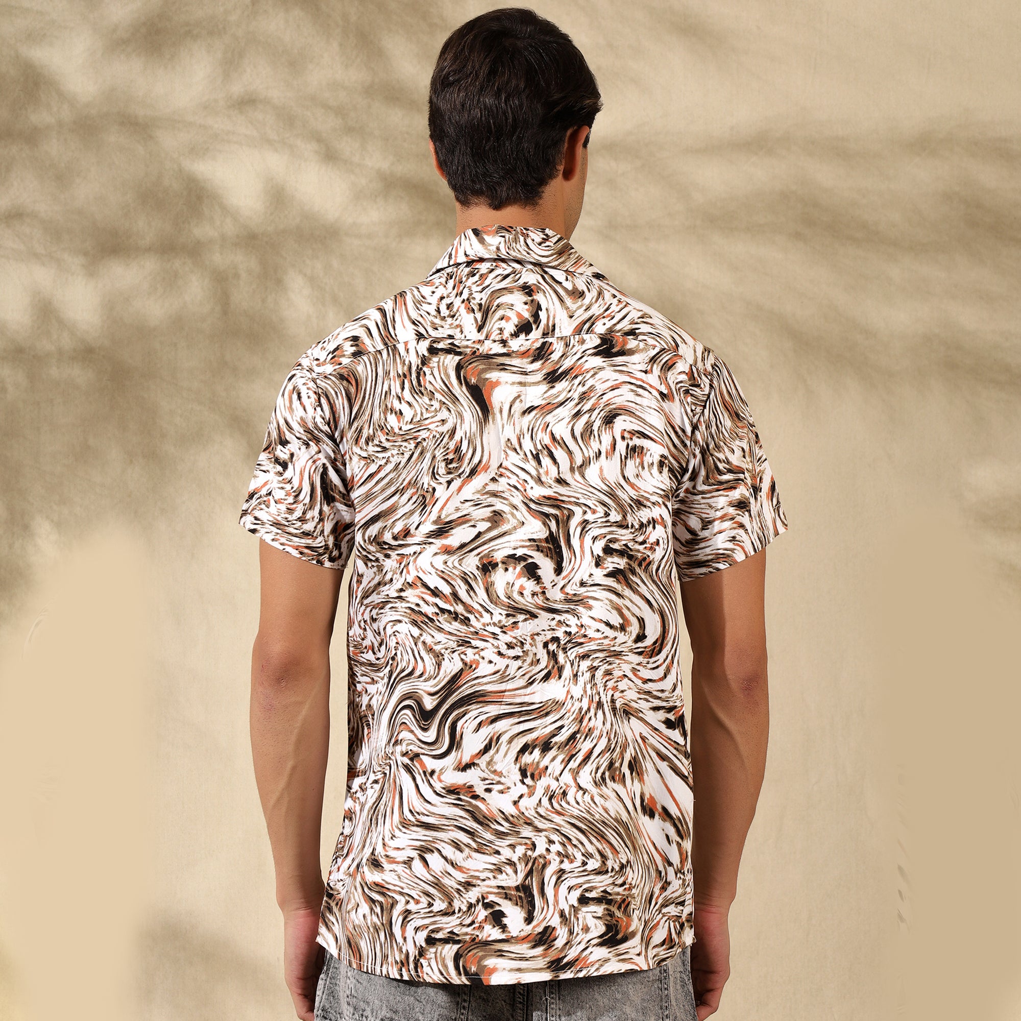 BROWN HALF CASUAL PRINTED COTTON SHIRT REGULAR FIT FOR MEN