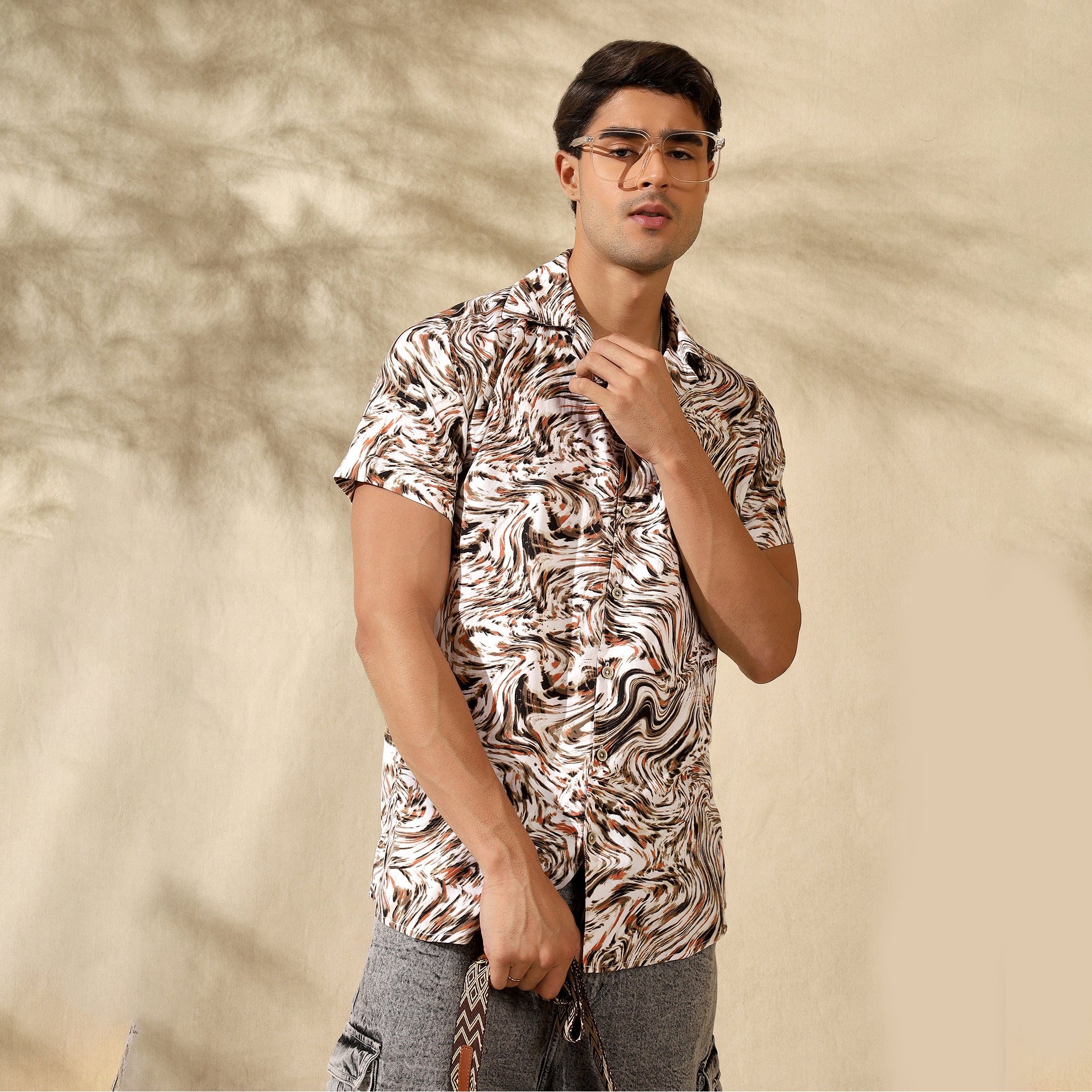 BROWN HALF CASUAL PRINTED COTTON SHIRT REGULAR FIT FOR MEN