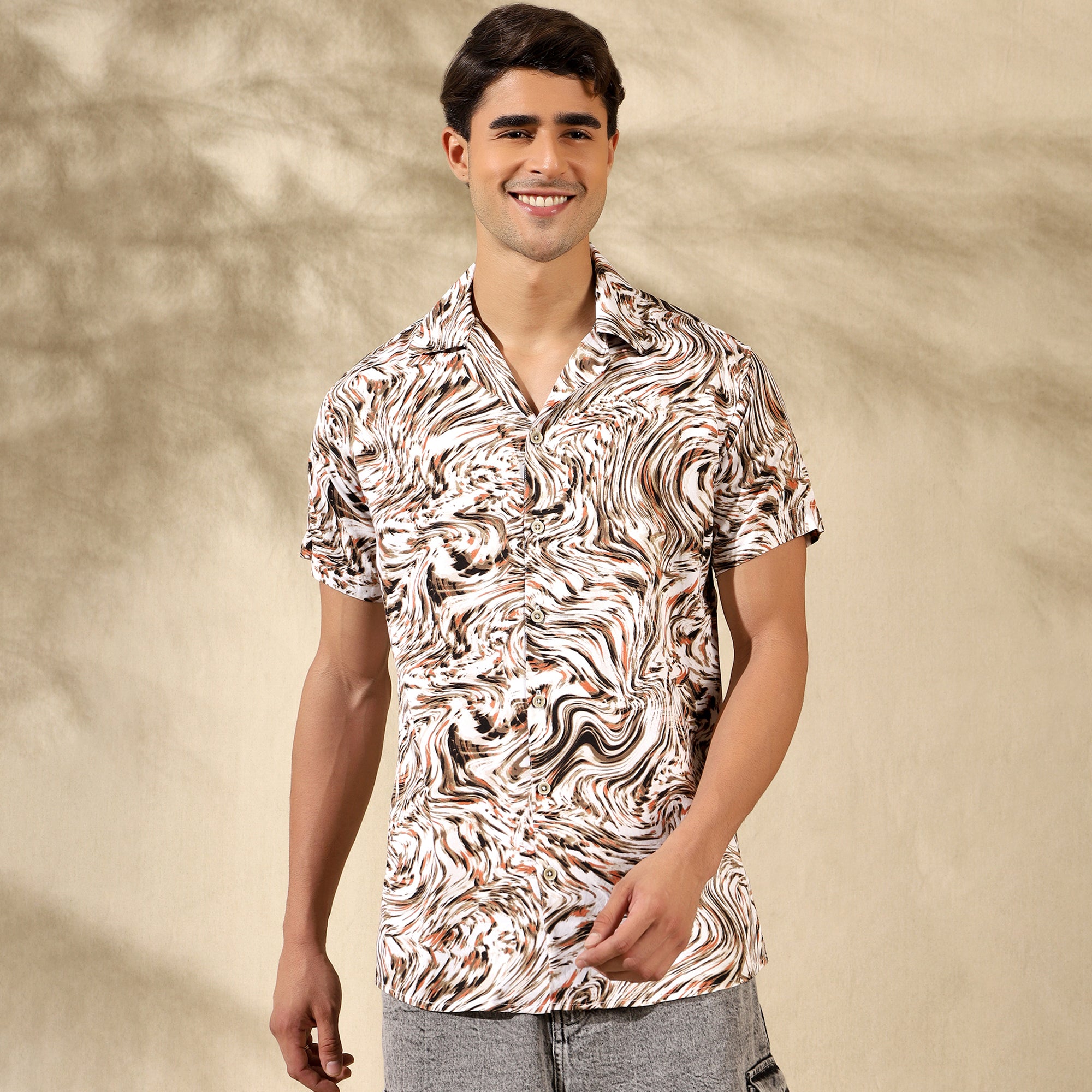 BROWN HALF CASUAL PRINTED COTTON SHIRT REGULAR FIT FOR MEN