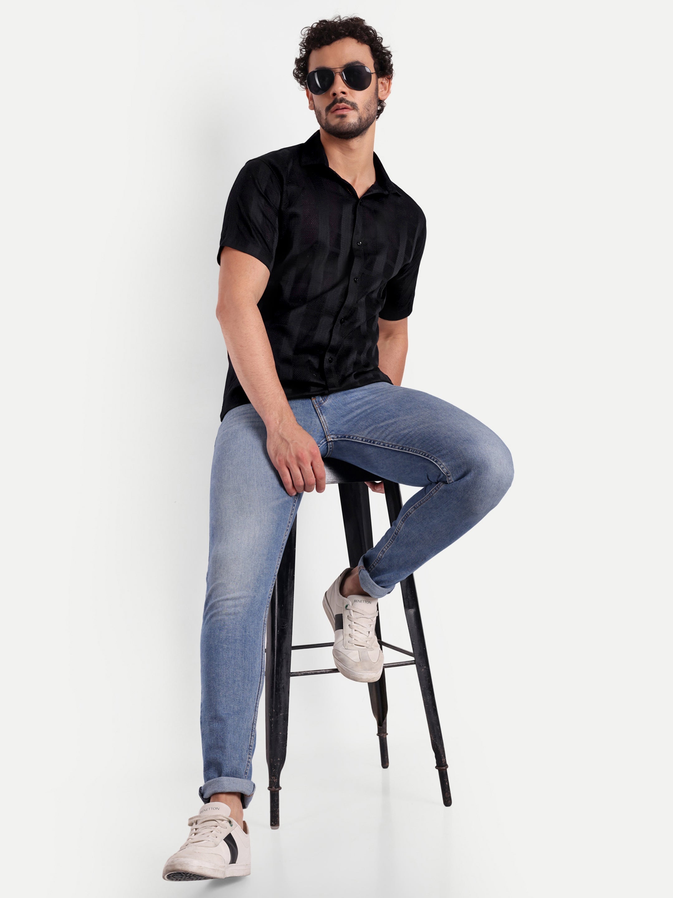 Black Textured Lining Half Shirt