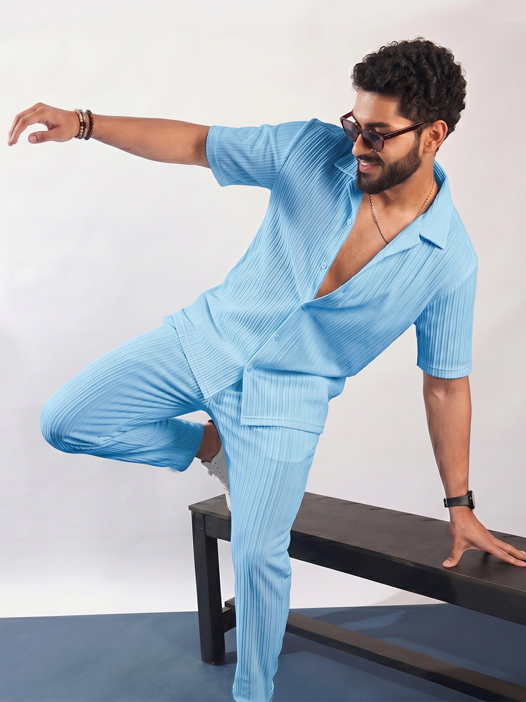 SELF-STRIPE POPCORN CORD SET FOR MEN | MATCHING SETS WITH PANTS Light Sky